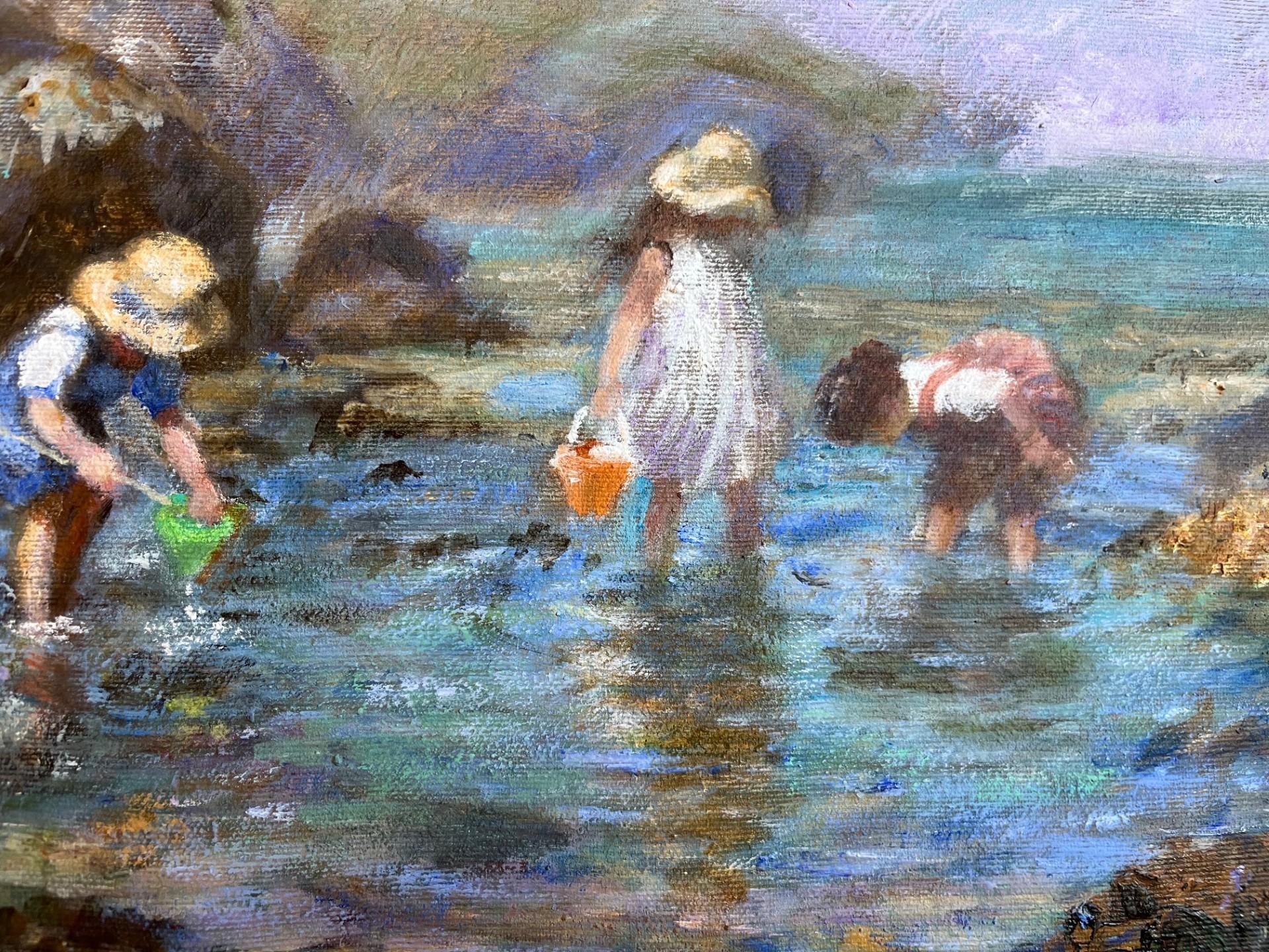 Modern Impressionist Beach Scene Oil of Three children playing on beach For Sale 1