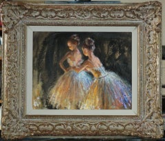 Modern Impressionist Figurative Oil Painting of Ballet Dancers Backstage Framed