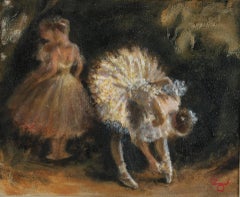 Modern Impressionist Framed Oil Painting of Ballet Dancer and Dancers Backstage