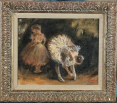 Modern Impressionist Framed Oil Painting of Ballet Dancer and Dancers Backstage
