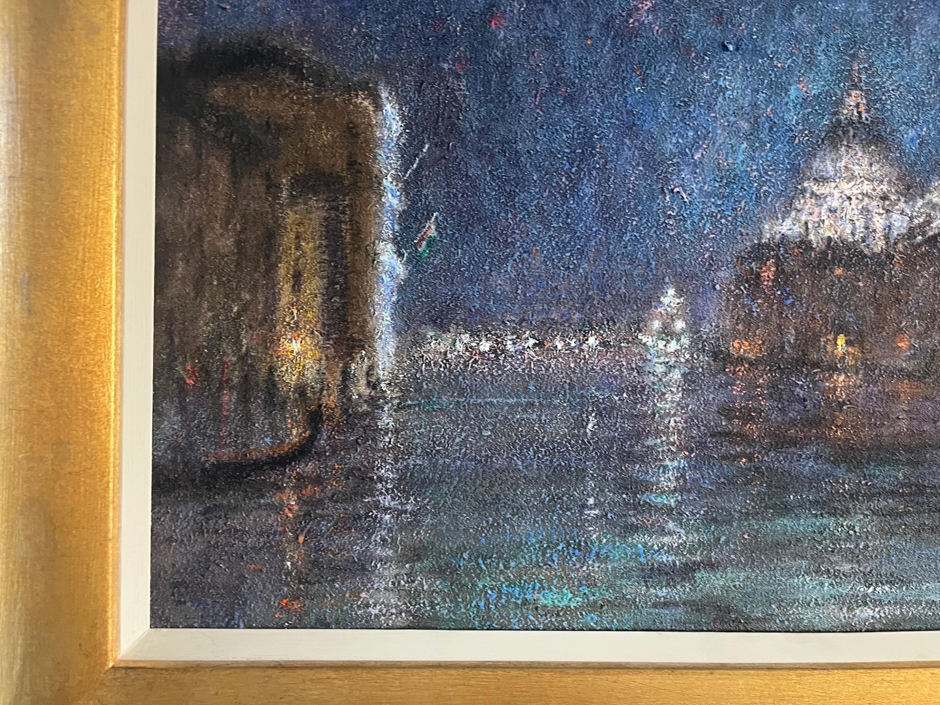 Modern Impressionist Landscape Framed Oil Painting Nocturne view of Grand Canal in Venice.  
Large Oil Painting on Canvas of a night scene with sweeping vista of the Grand Canal in Venice.  Highlighting the reflections in the water  and the palaces
