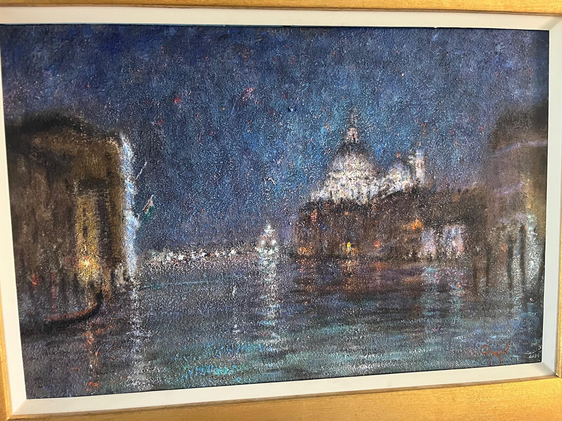 Modern Impressionist Landscape Oil Painting of Venice Grand Canal at Night For Sale 4
