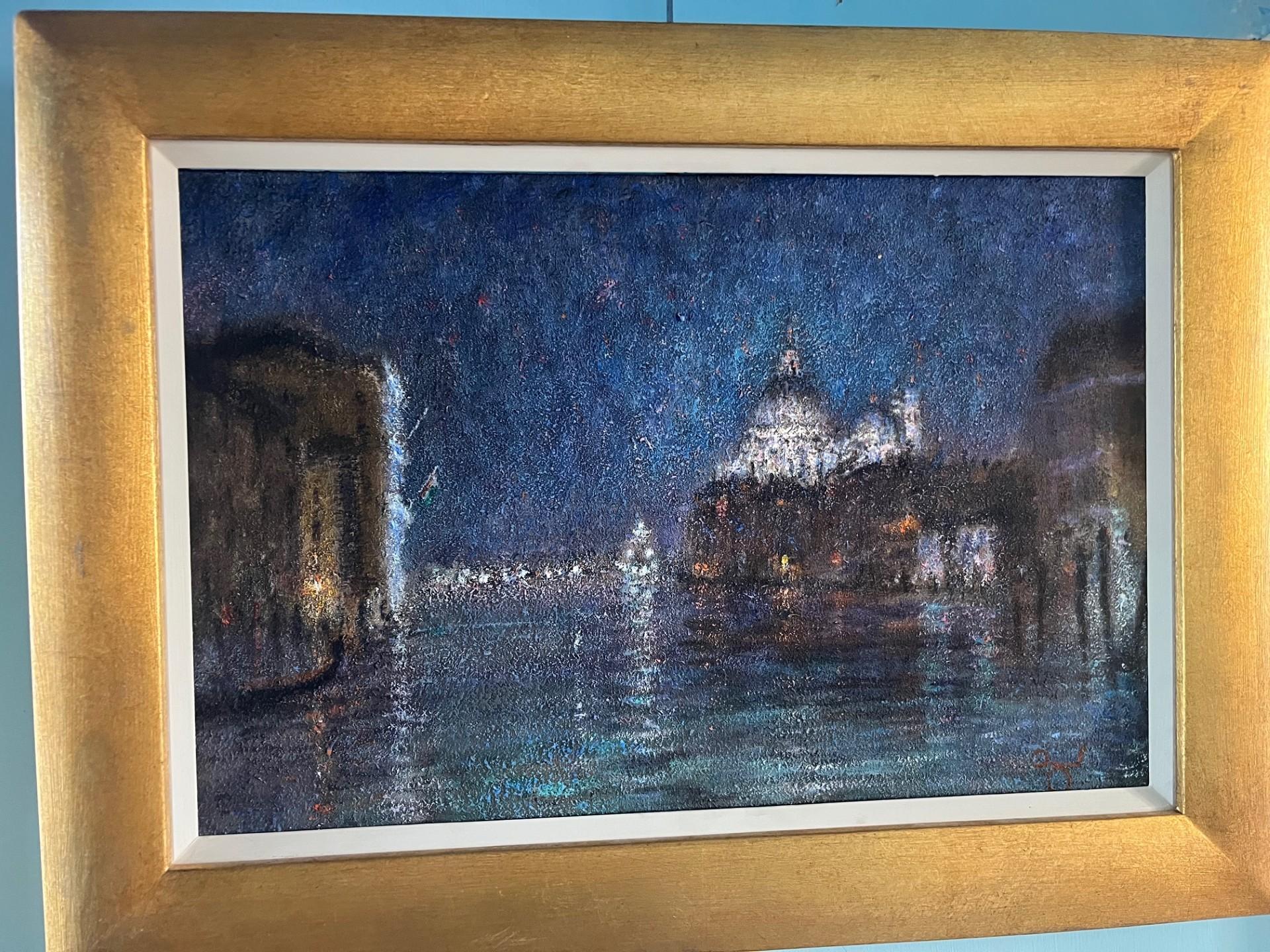 Modern Impressionist Landscape Oil Painting of Venice Grand Canal at Night For Sale 5