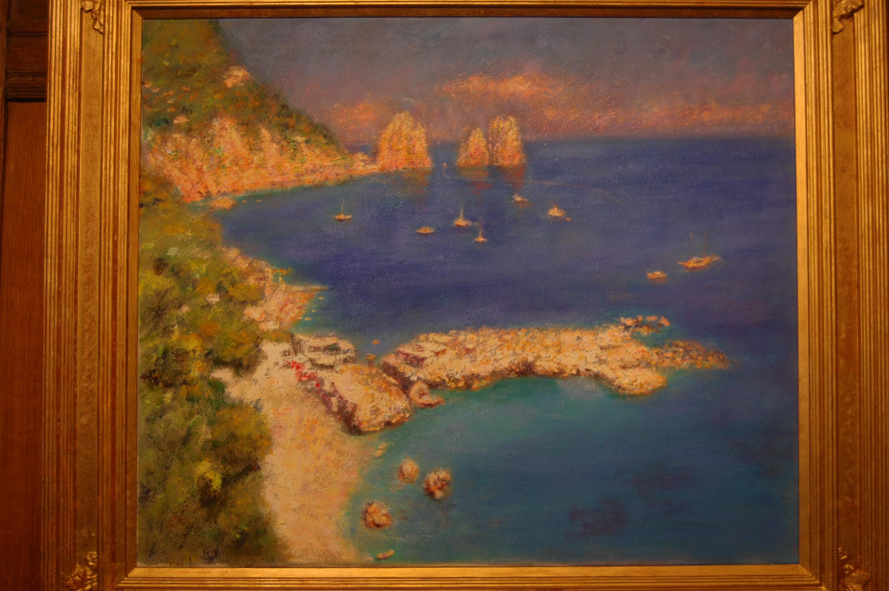 Paesaggio moderno impressionista a olio del mare e del litorale dell'isola di Capri Italia - Painting di Rene Jerome Legrand