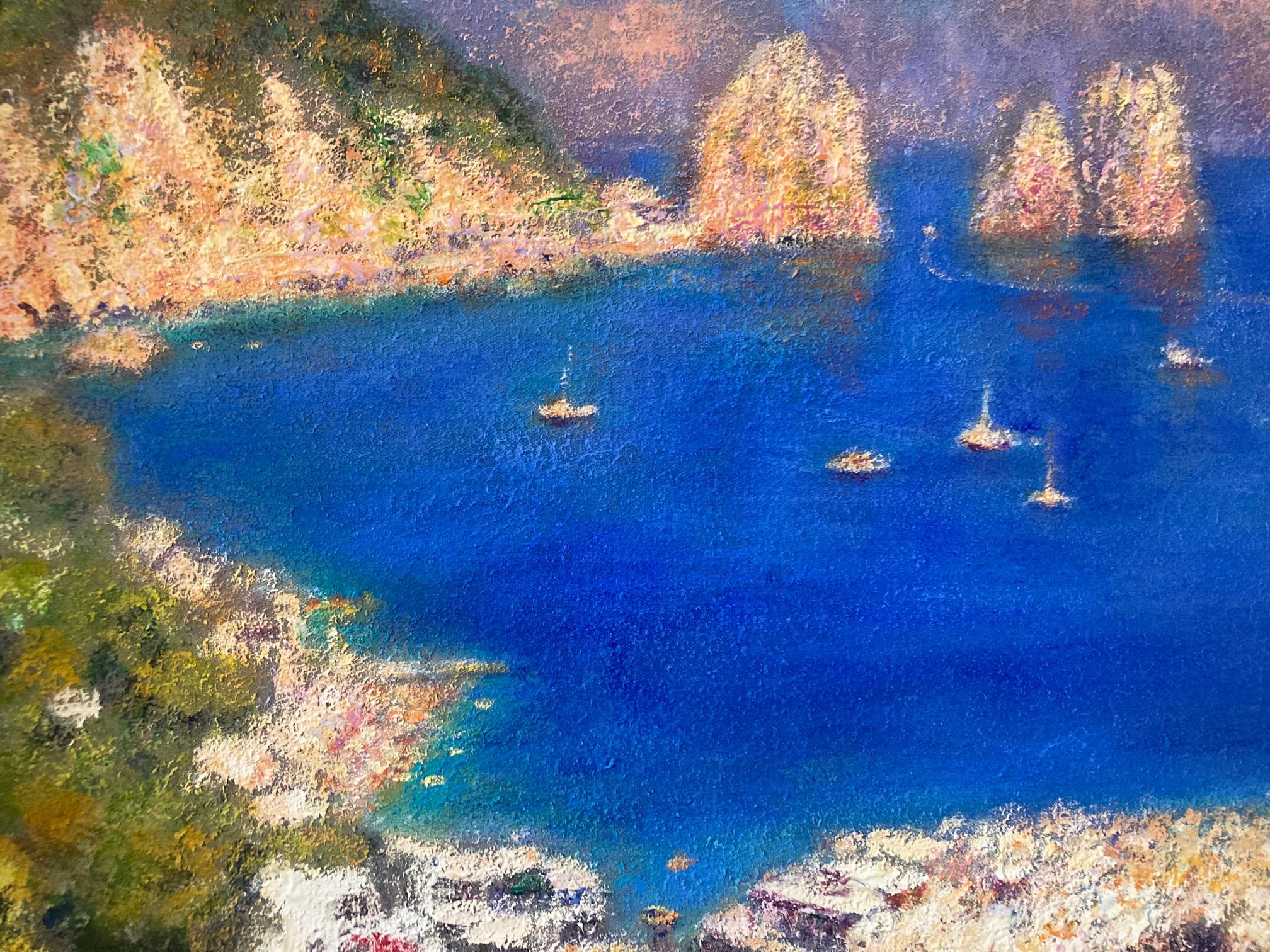 Paesaggio moderno impressionista a olio del mare e del litorale dell'isola di Capri Italia - Landscape Painting Grigio di Rene Jerome Legrand