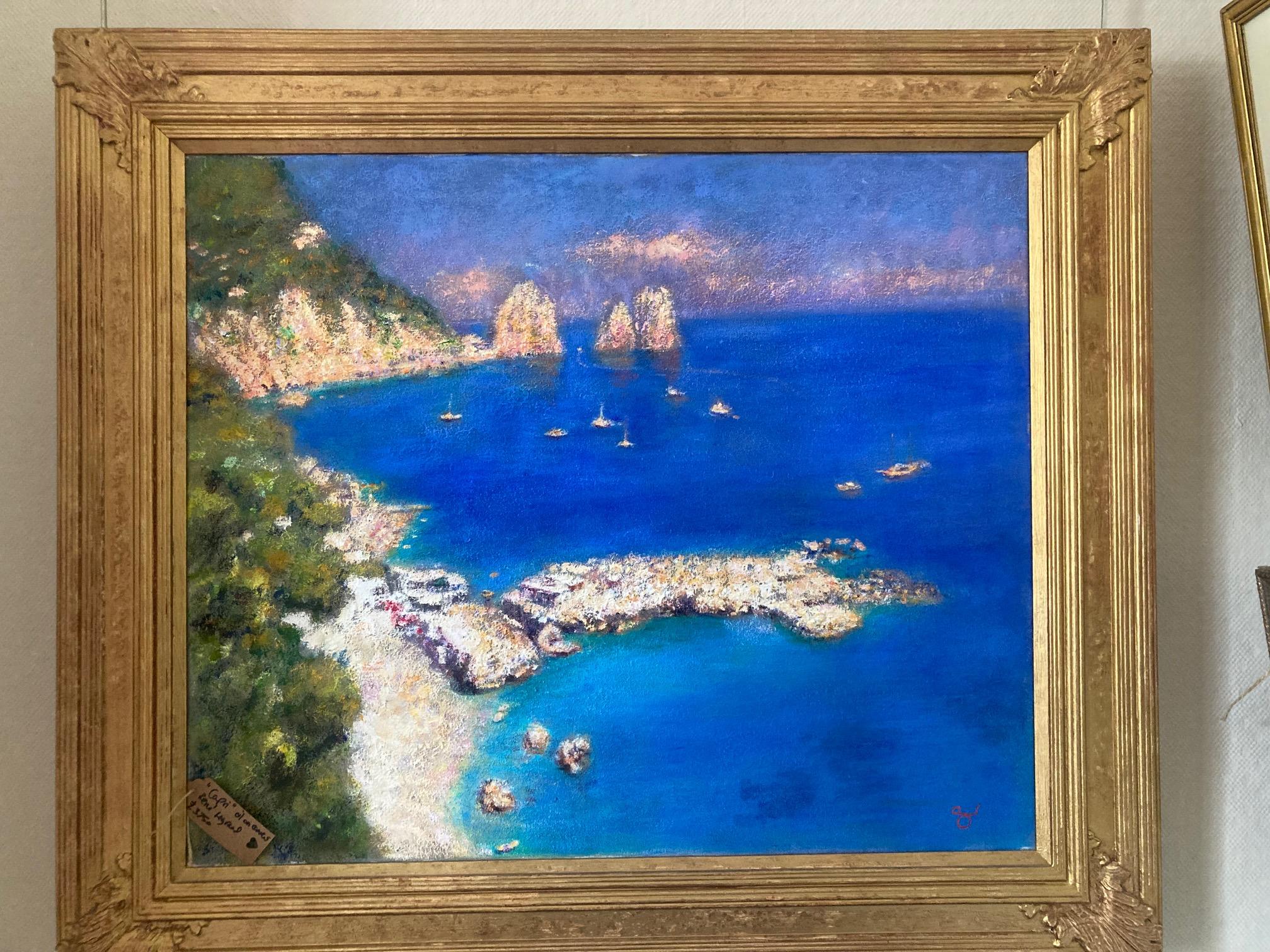 Dipinto a olio su tela di un paesaggio impressionista moderno che raffigura il mare e la costa dell'Isola di Capri.
Un imponente e ampio dipinto impressionista che guarda la baia di Capri, la famosa isola al largo di Napoli.

Olio su tela di grandi