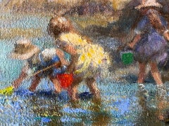 Pintura al óleo impresionista moderna - Escena de playa con niños jugando en el mar