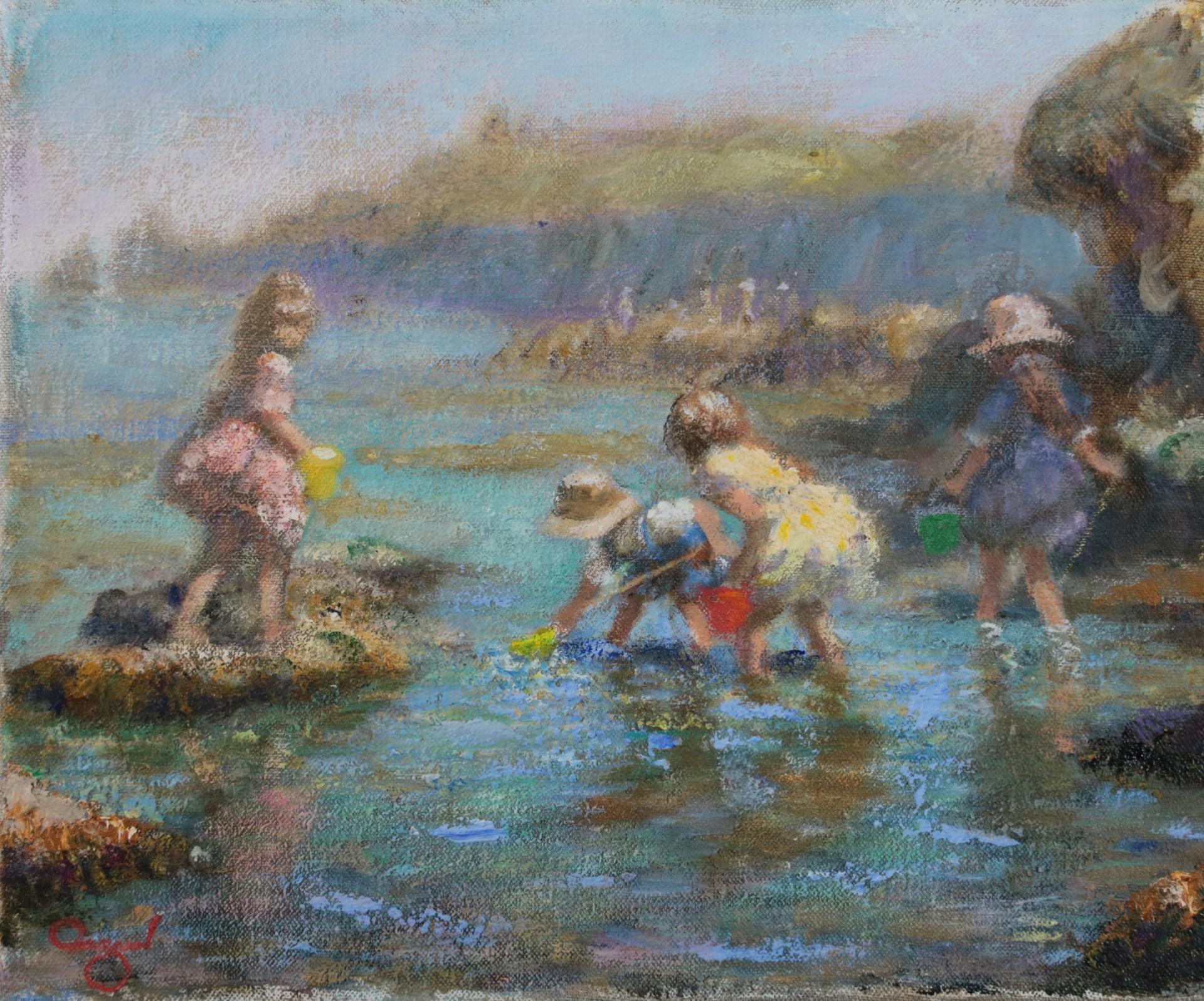 Modern Impressionist Oil Painting - Beach Scene with Children playing at the Sea - Art by Rene Jerome Legrand