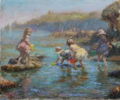 Modern Impressionist Oil Painting - Beach Scene with Children playing at the Sea
