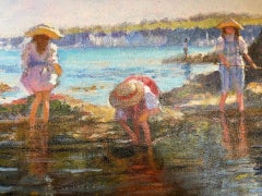 Modern Impressionist Oil Painting Landscape Beach Scene with Children Playing