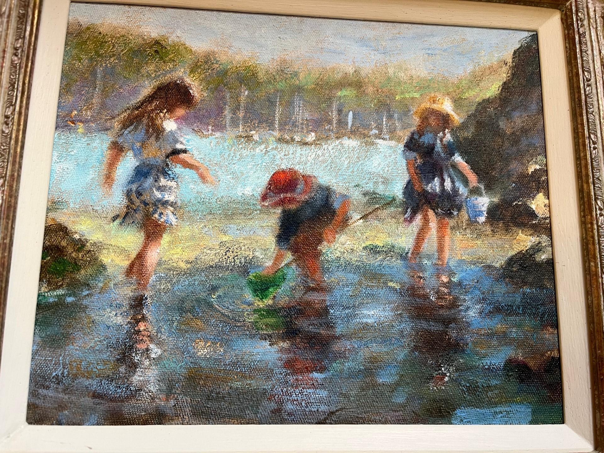 Modern  Victorian style Impressionist Landscape Beach Scene with Children playing at the Beach, Original Oil Painting on Canvas.  Painted around 30 years ago 