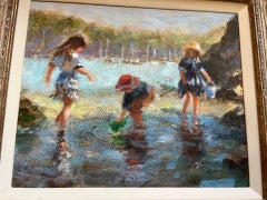 Modern Impressionist Oil Painting Landscape Beach Scene with Children Playing