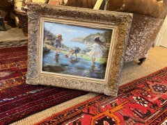 Modern Impressionist Victorian style Oil Painting Beach with Children Playing