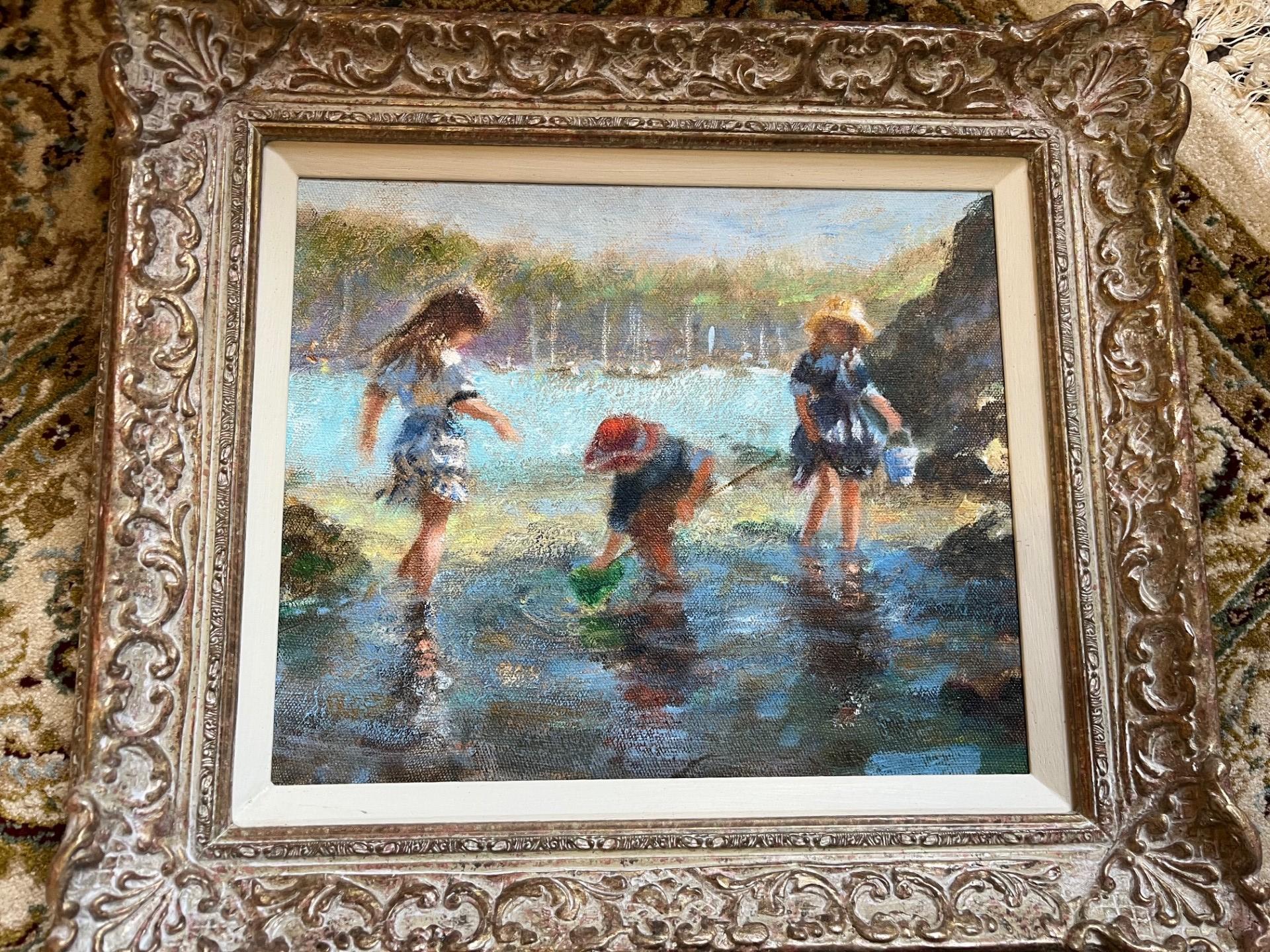 Modern Impressionist Oil Painting Landscape Beach Scene with Children Playing 1