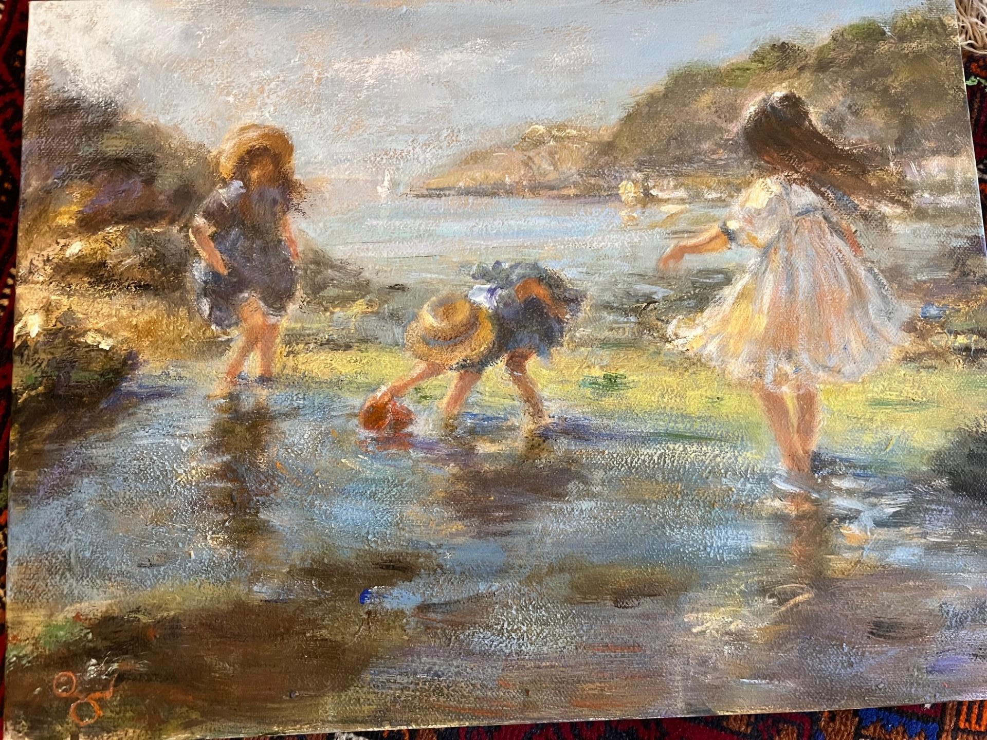 Modern Impressionist and Victorian style Oil Painting Landscape Beach Scene with Children Playing at the Seaside.
This is another fabulous and evocative beach scene from our archives, painted 20 ish years ago when the artists daughters were young. 