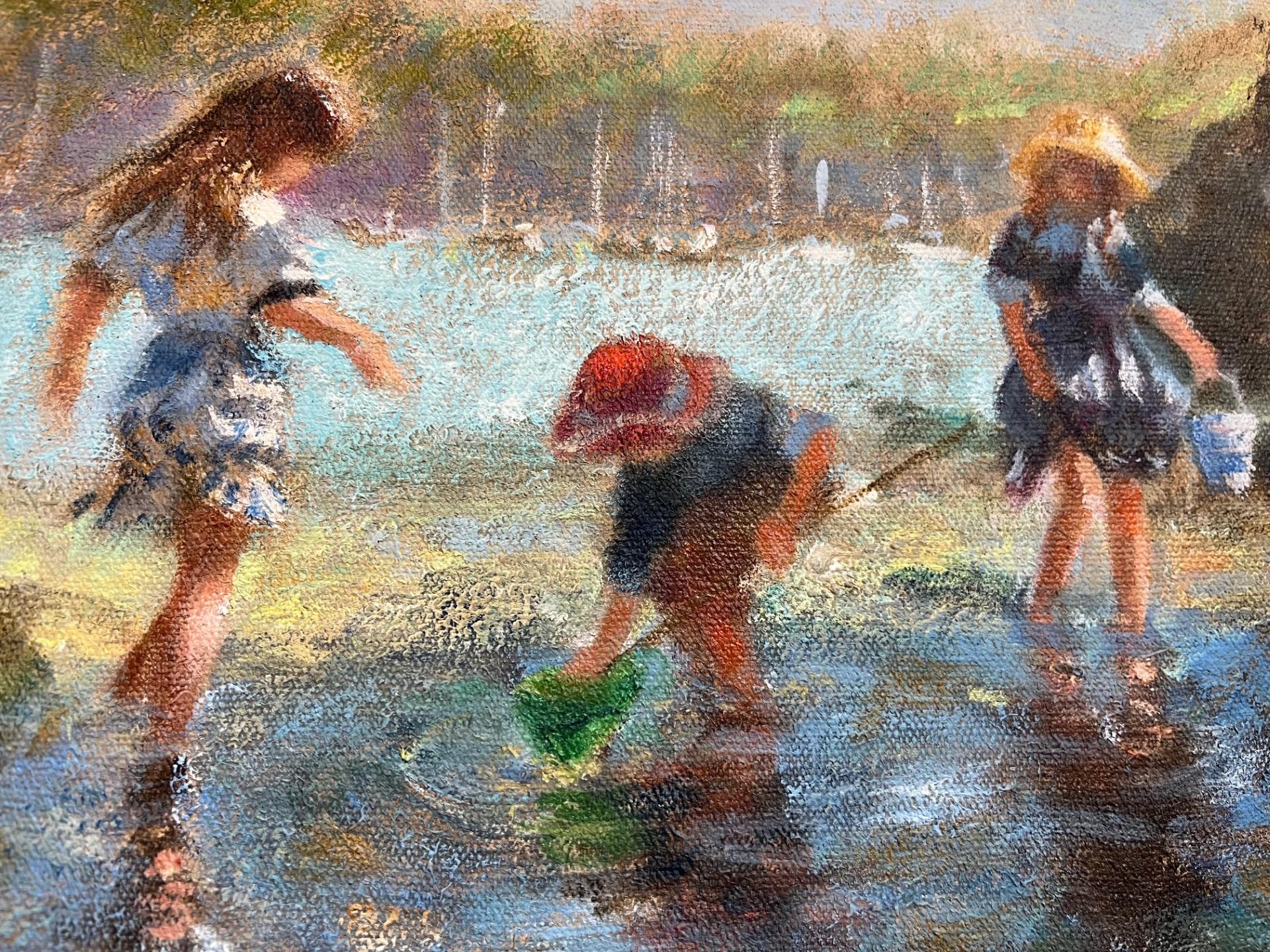 Modern Impressionist Oil Painting Landscape Beach Scene with Children Playing 2