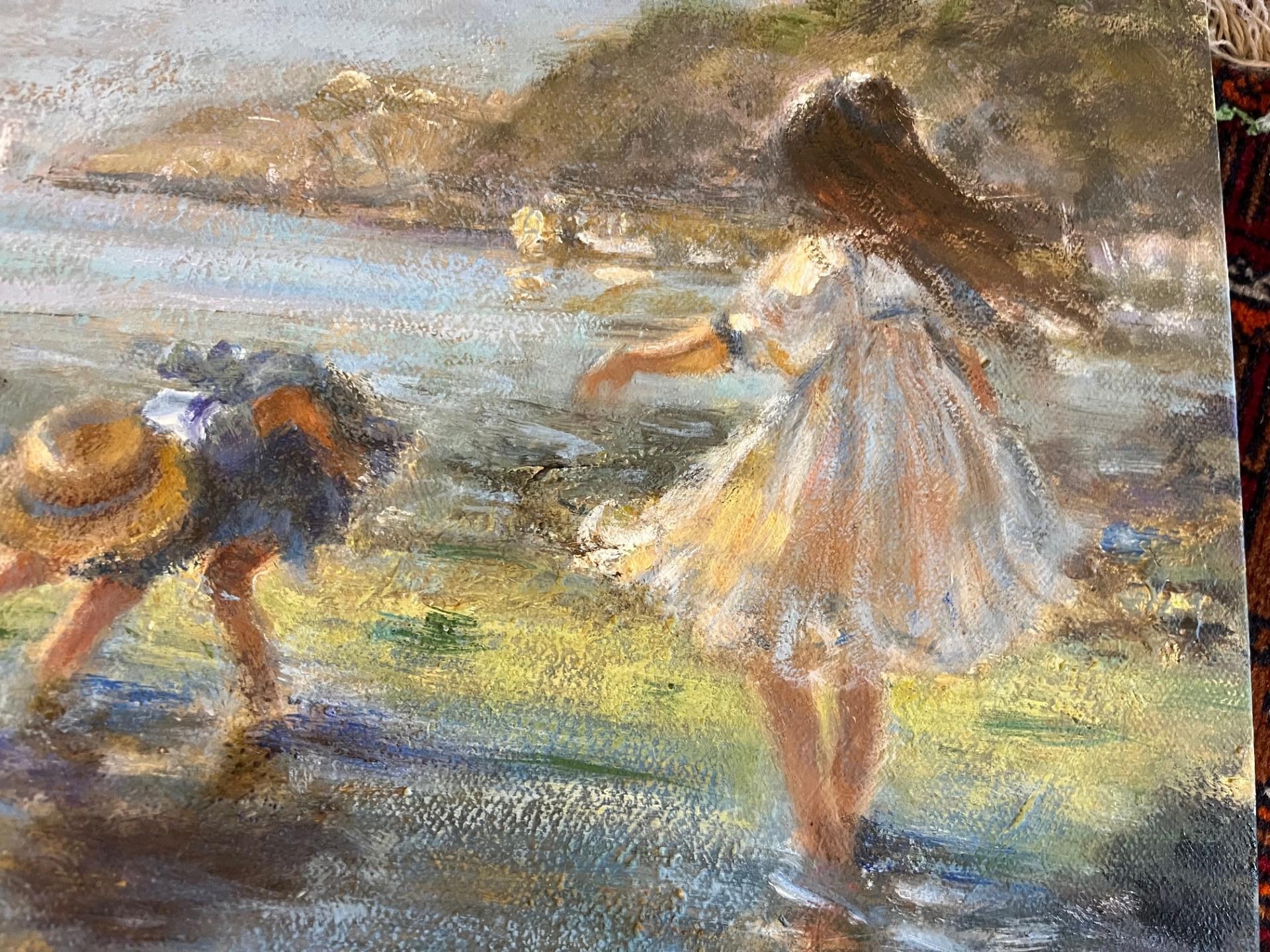Modern Impressionist Victorian style Oil Painting Beach with Children Playing 3