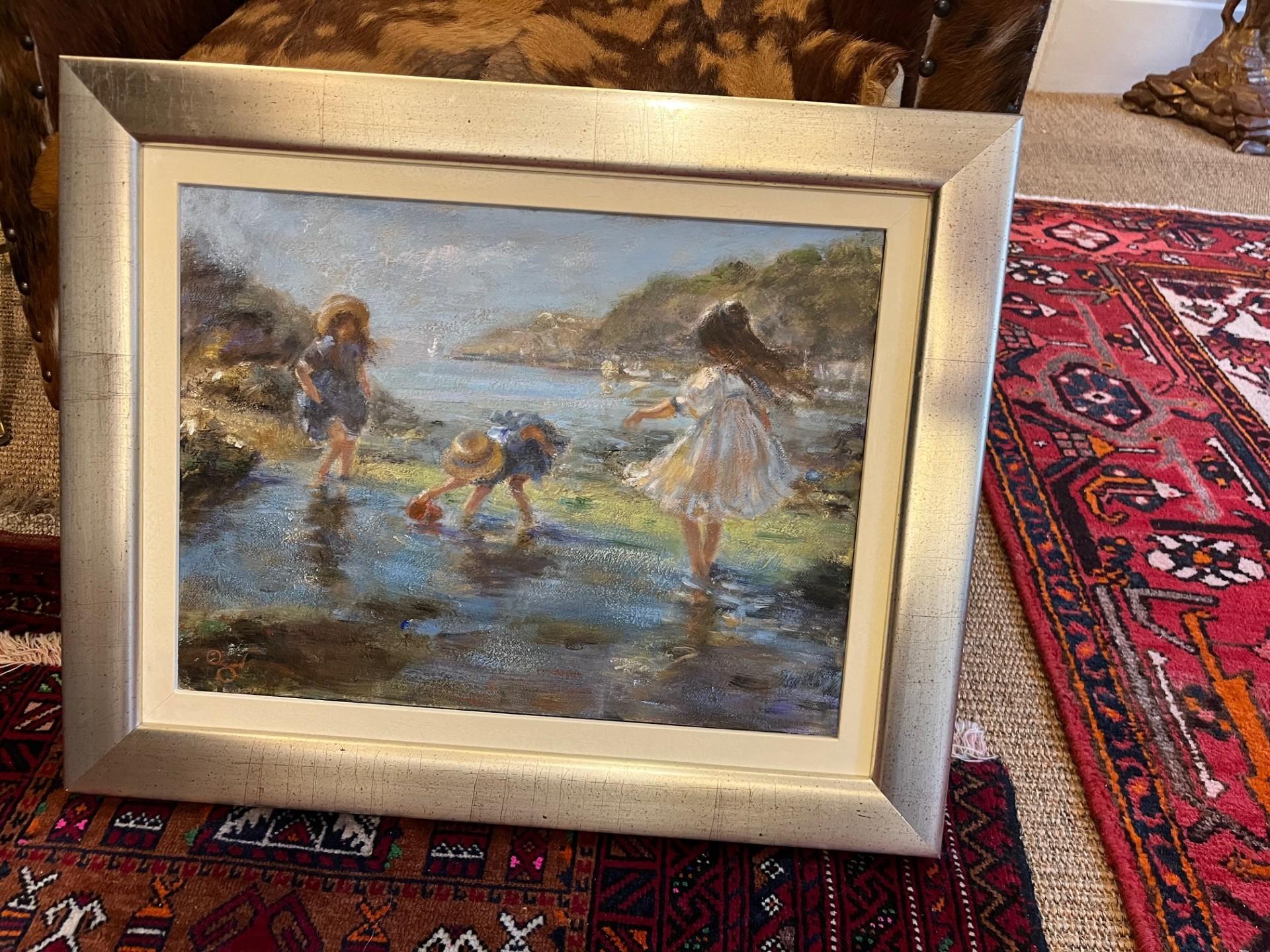 Modern Impressionist Victorian style Oil Painting Beach with Children Playing 4