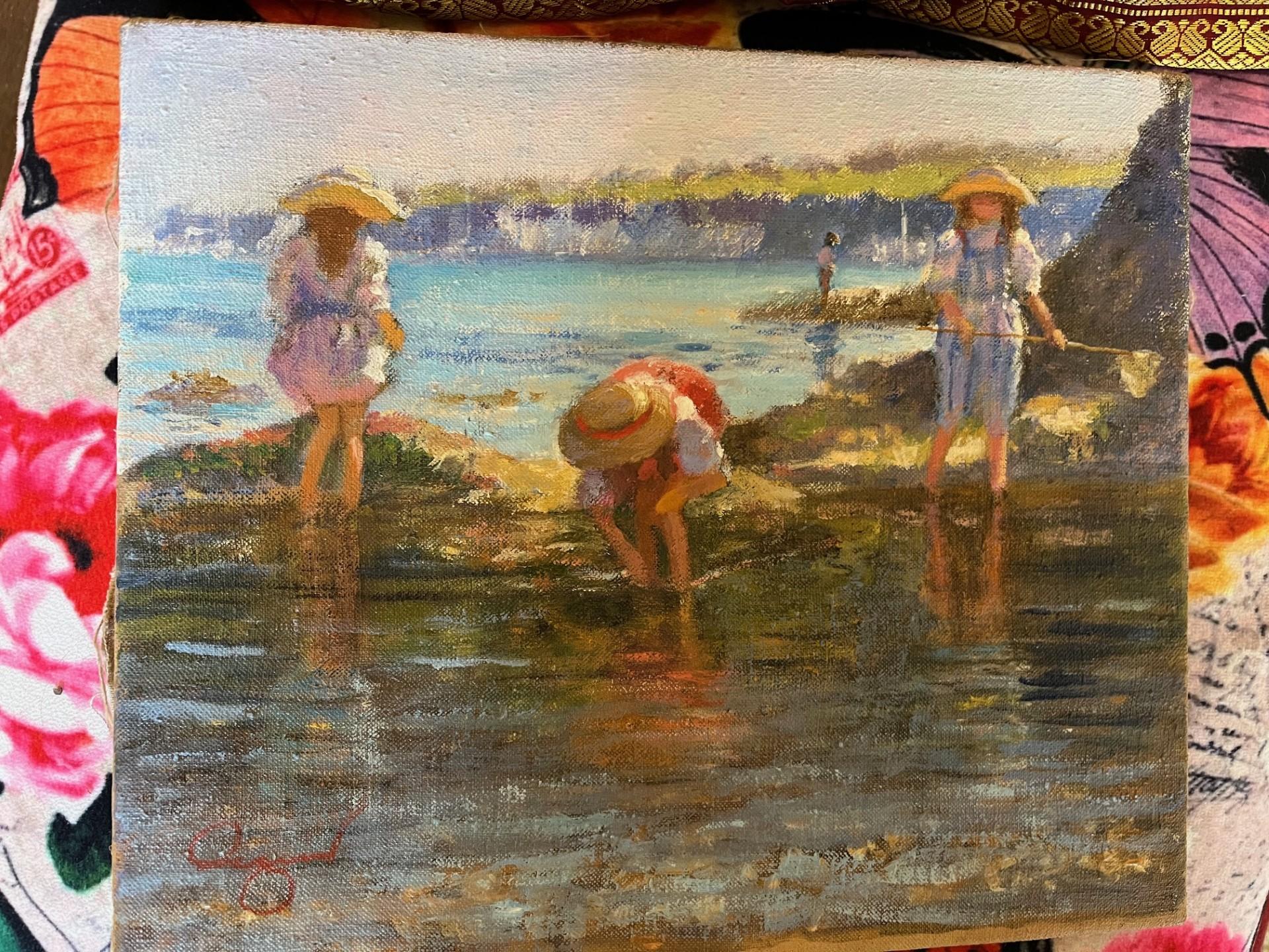 Rene Jerome Legrand Figurative Painting – Modern-impressionistisches Ölgemälde, Landschaft, Strandssszene mit spielenden Kindern, modern