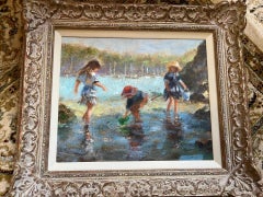Modern Impressionist Oil Painting Landscape Beach Scene with Children Playing