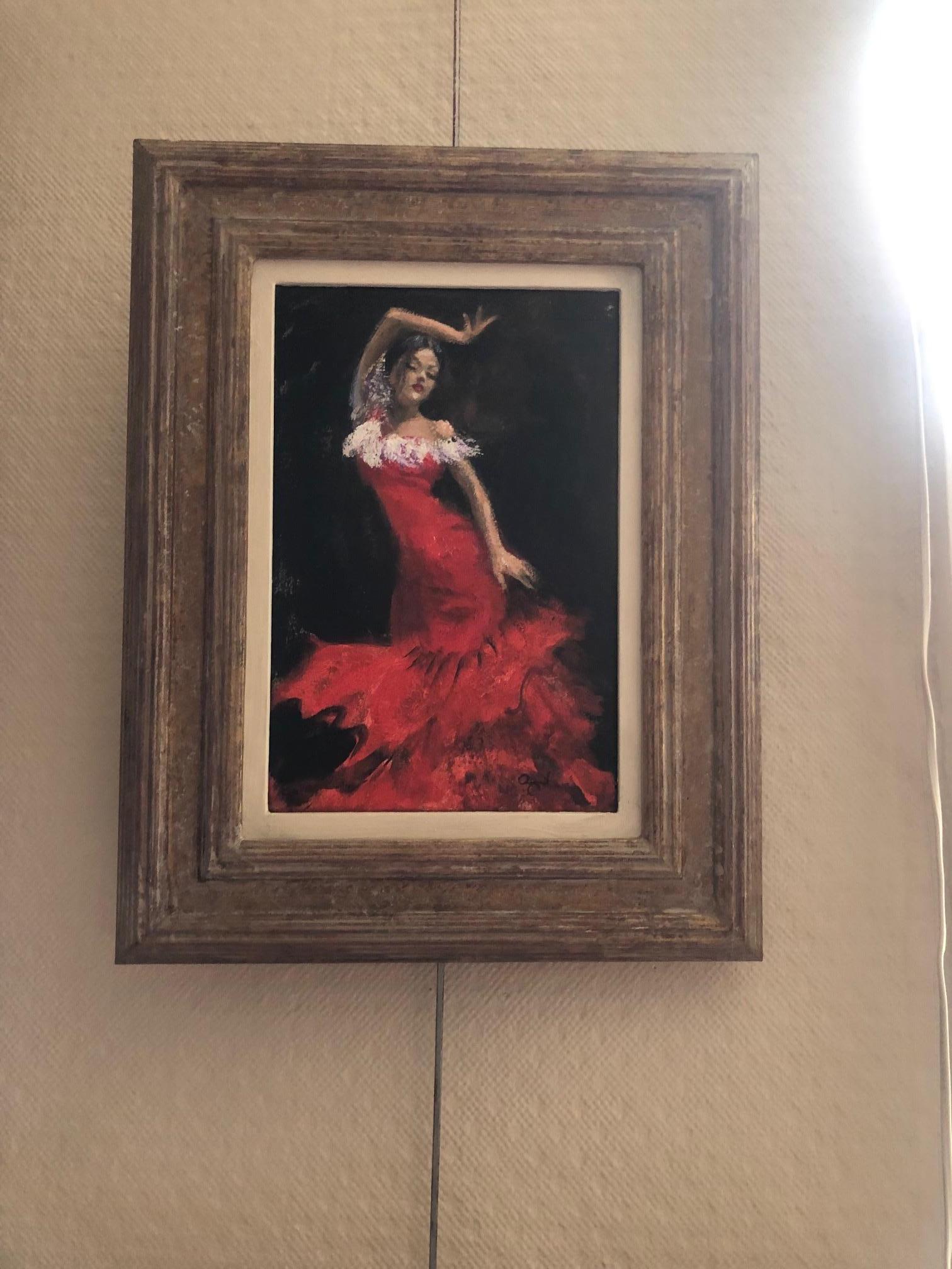 Impressionista moderno Ballerina di flamenco spagnola in abito rosso Pittura ad olio - Painting Impressionismo di Rene Jerome Legrand