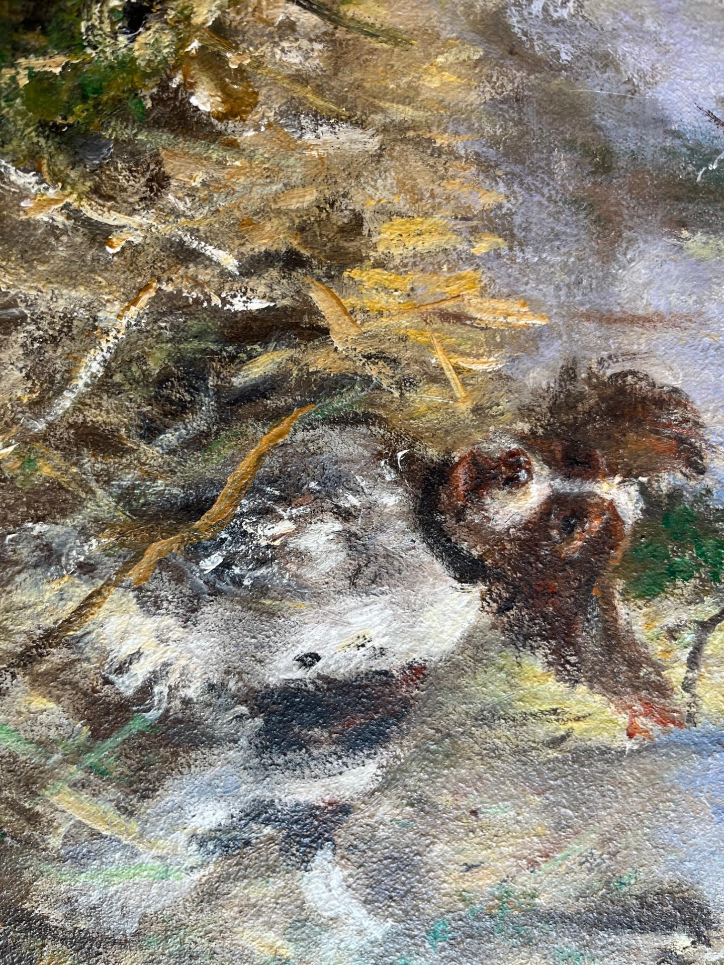 Paesaggio contemporaneo dipinto a olio con cane da caccia Spaniel che tira fuori un fagiano - Landscape Painting Grigio di Rene Jerome Legrand