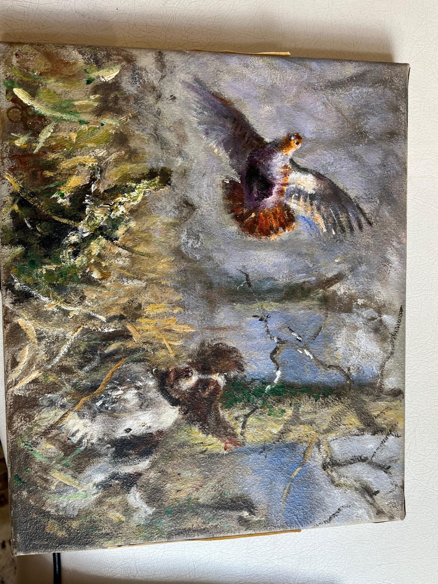Paesaggio contemporaneo dipinto a olio con cane da caccia Spaniel che tira fuori un fagiano 1