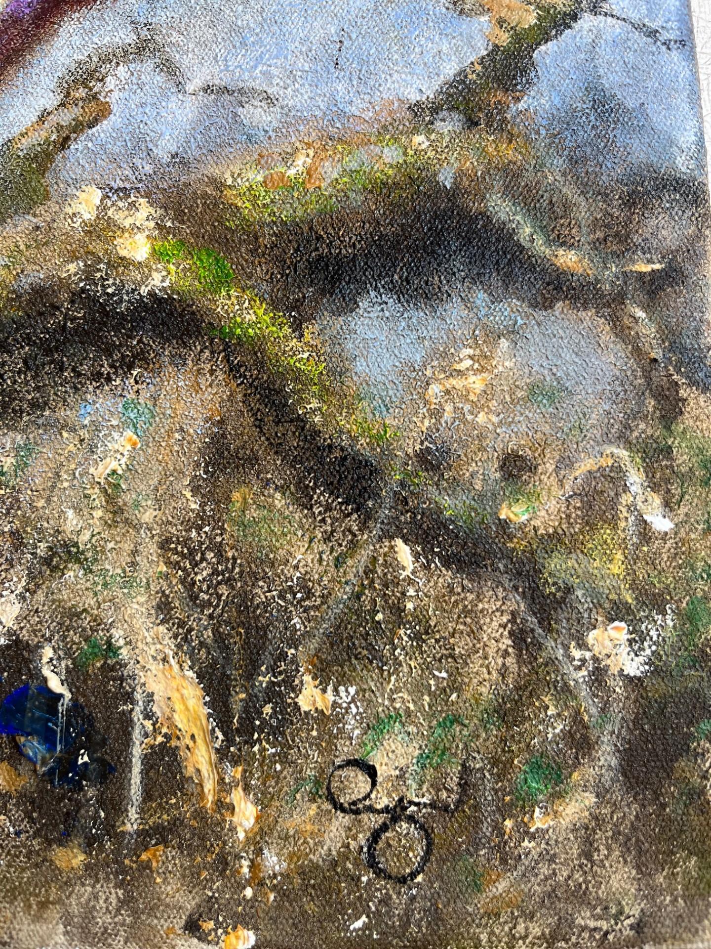 Pittura ad olio di paesaggio moderno con cane da caccia Spaniel nel bosco che caccia il fagiano 3
