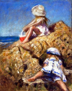 Children Playing on rocks at the  Beach sunny day, small oil painting