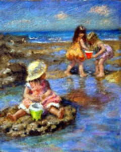 Children Playing in the Rockpools on the Beach. small oil painting