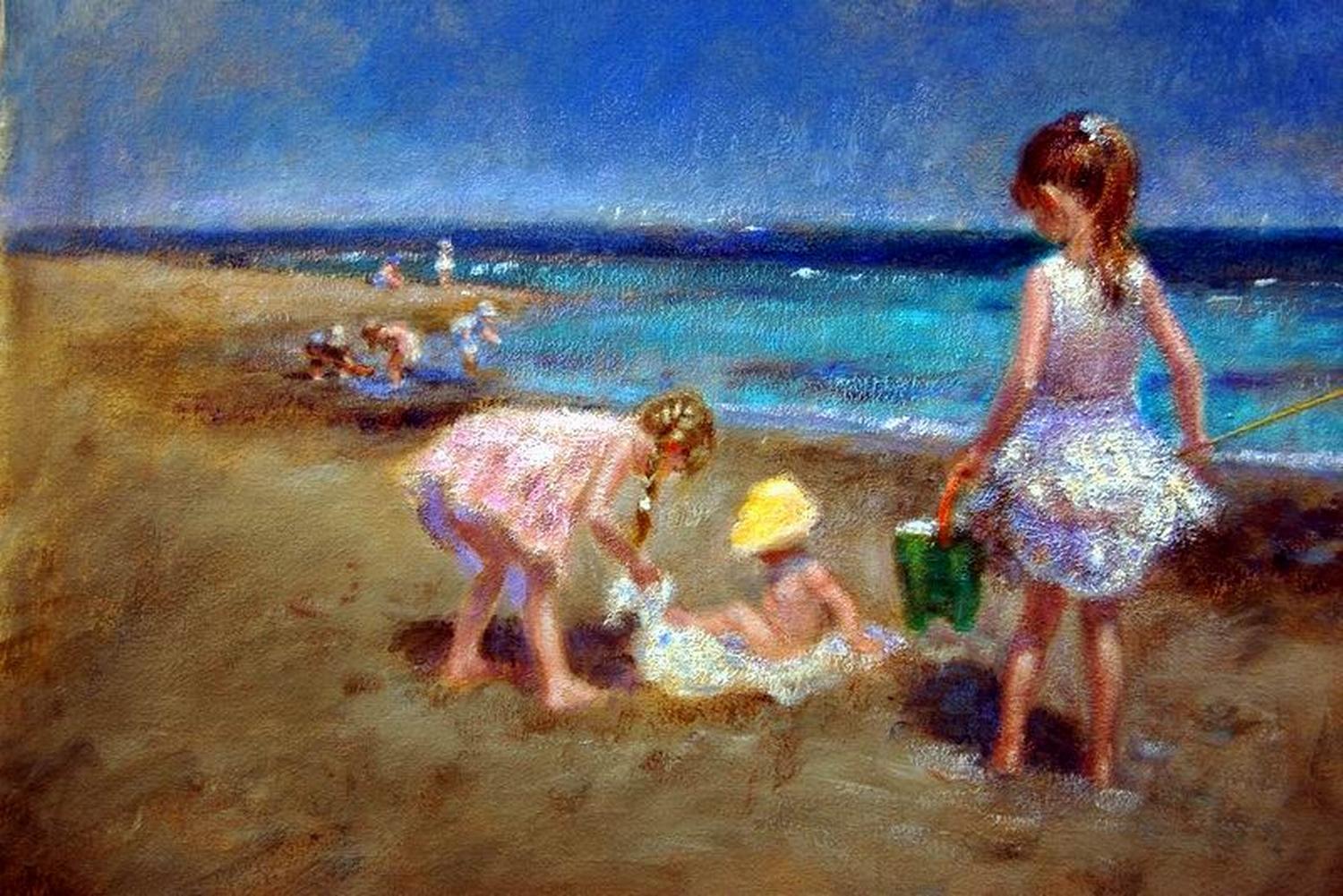 Rene Jerome Legrand Figurative Painting - Large Impressionist oil of Children at sunny Beach with sea and sand Framed