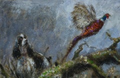 Modern Landscape Oil Painting of Spaniel Hunting Dog in woods flushing pheasant