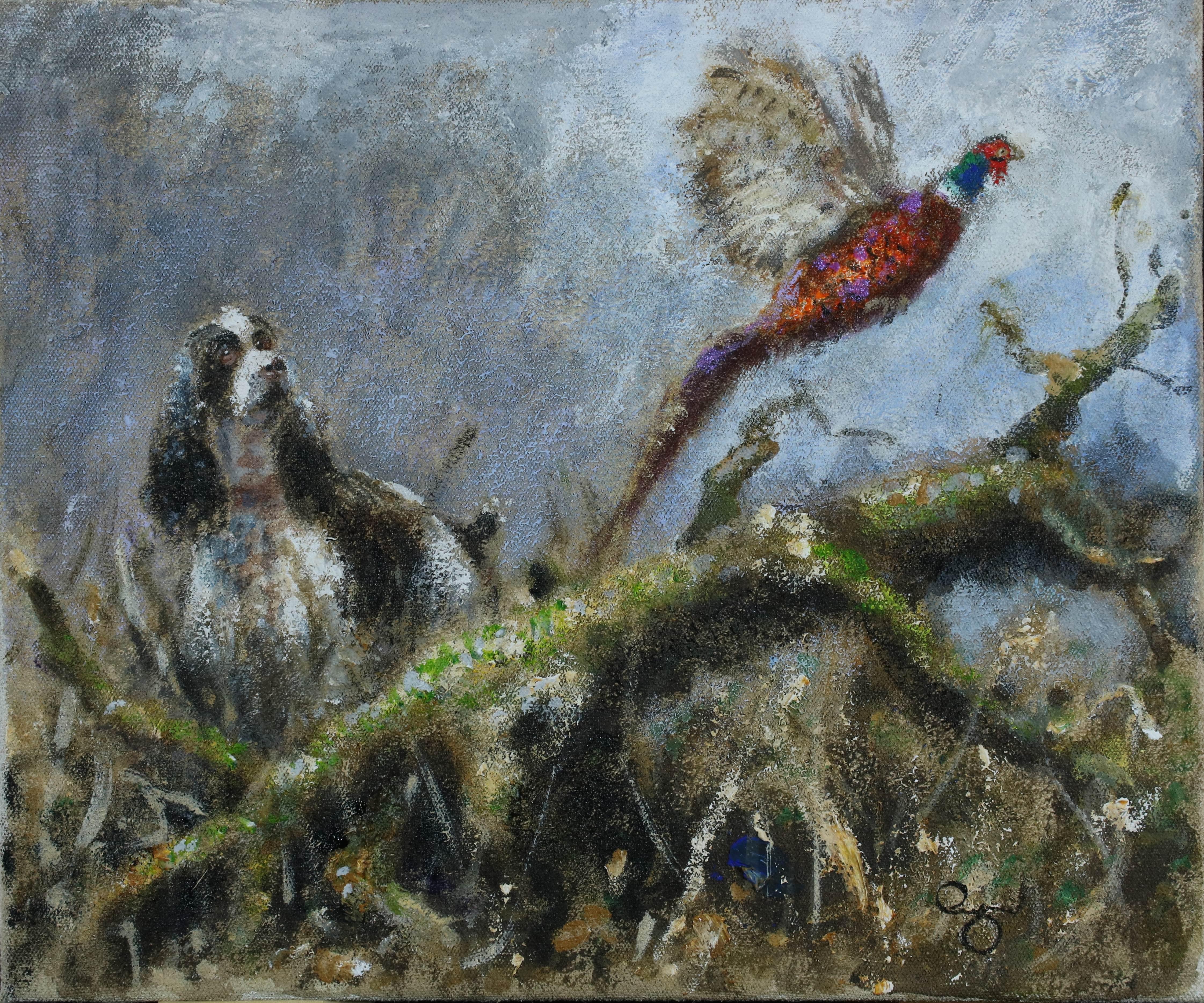 Pittura ad olio di paesaggio moderno con cane da caccia Spaniel in un bosco che caccia un fagiano.
Una nuova e deliziosa opera di Rene Legrand che raffigura uno Springer Spaniel che scaccia un fagiano, realizzata dopo aver raggiunto degli amici in