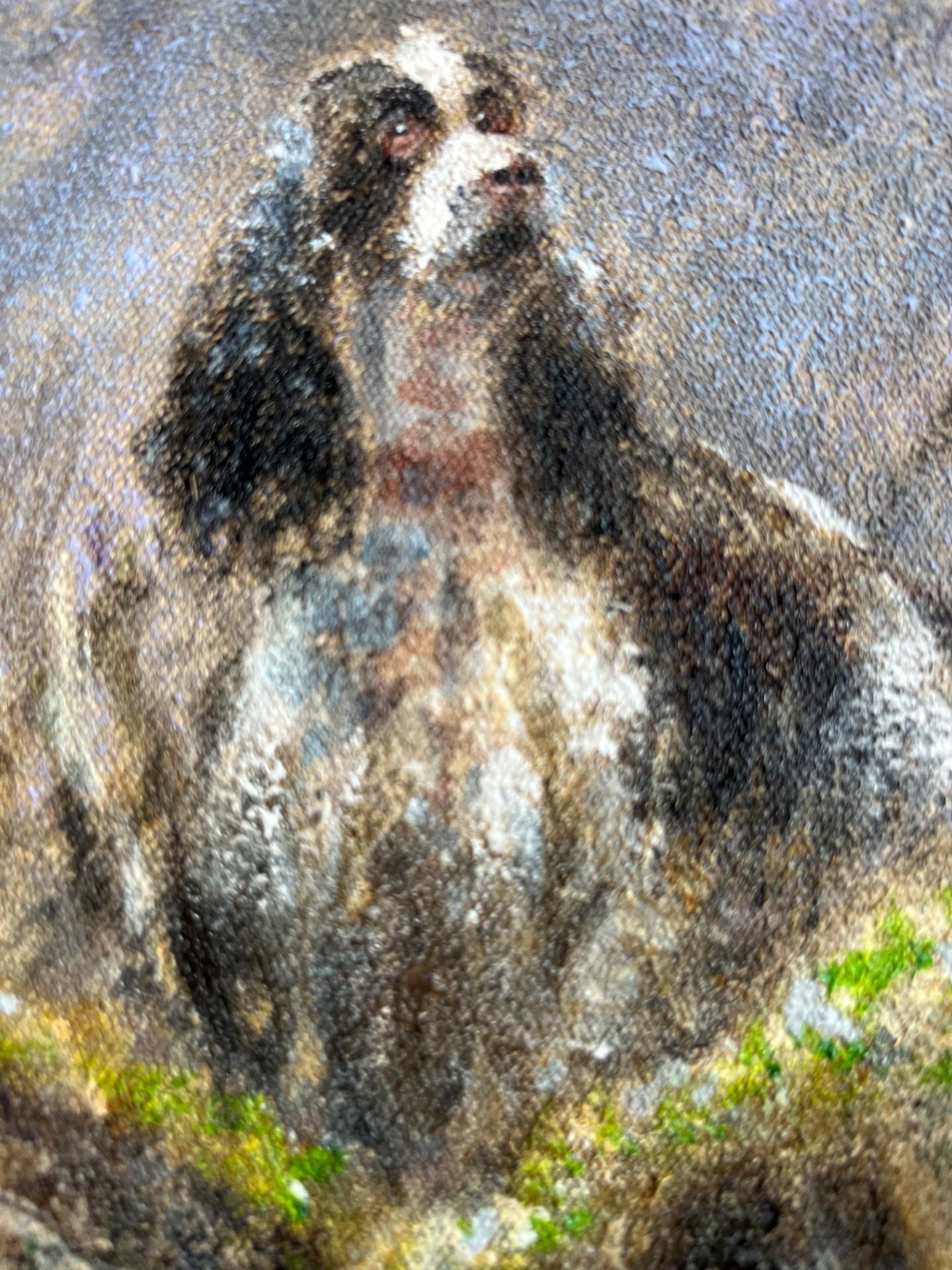 Pittura ad olio di paesaggio moderno con cane da caccia Spaniel nel bosco che caccia il fagiano 1