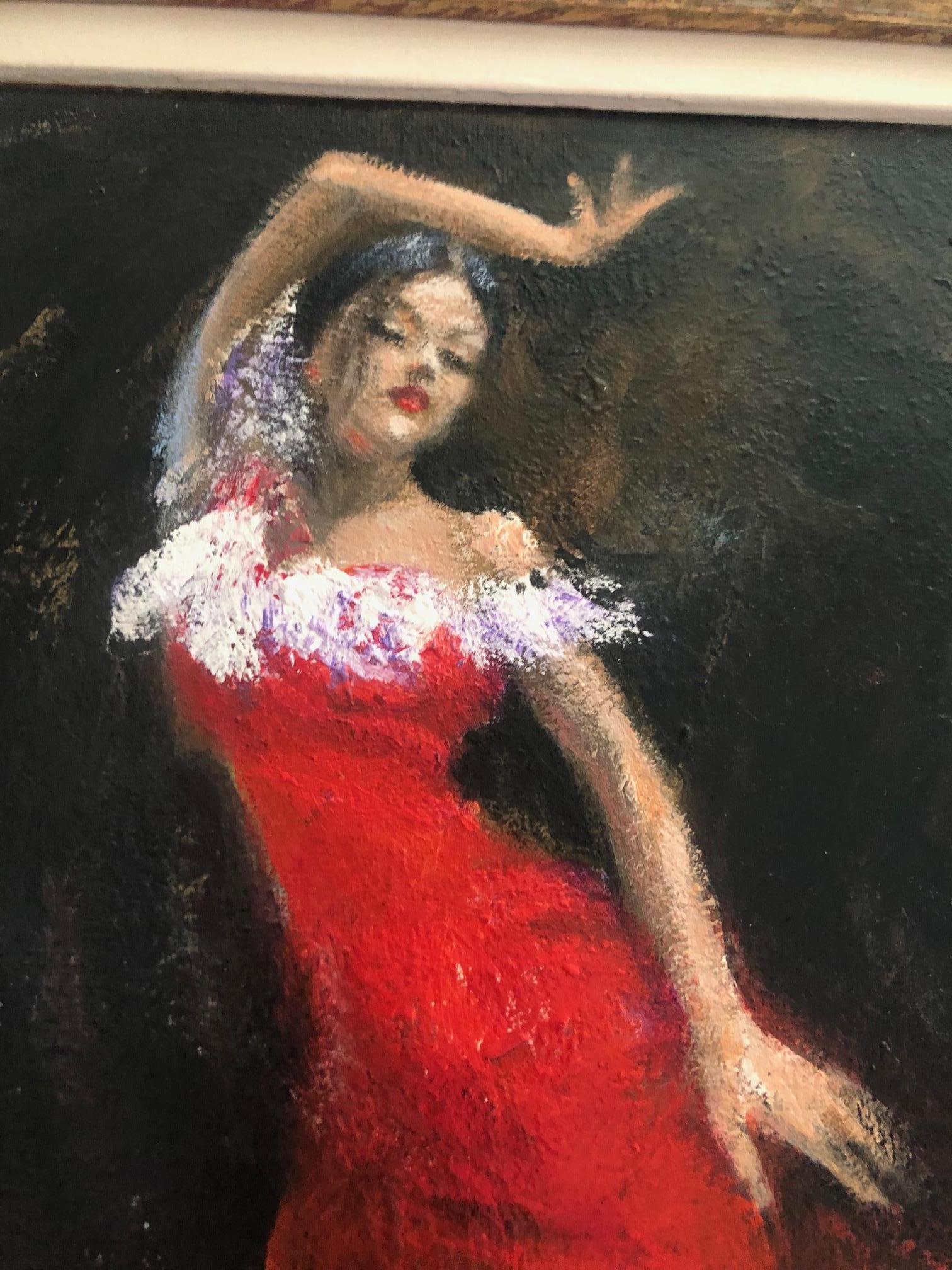 Petite peinture à l'huile espagnole d'une danseuse de flamenco en robe rouge encadrée - Painting de Rene Jerome Legrand
