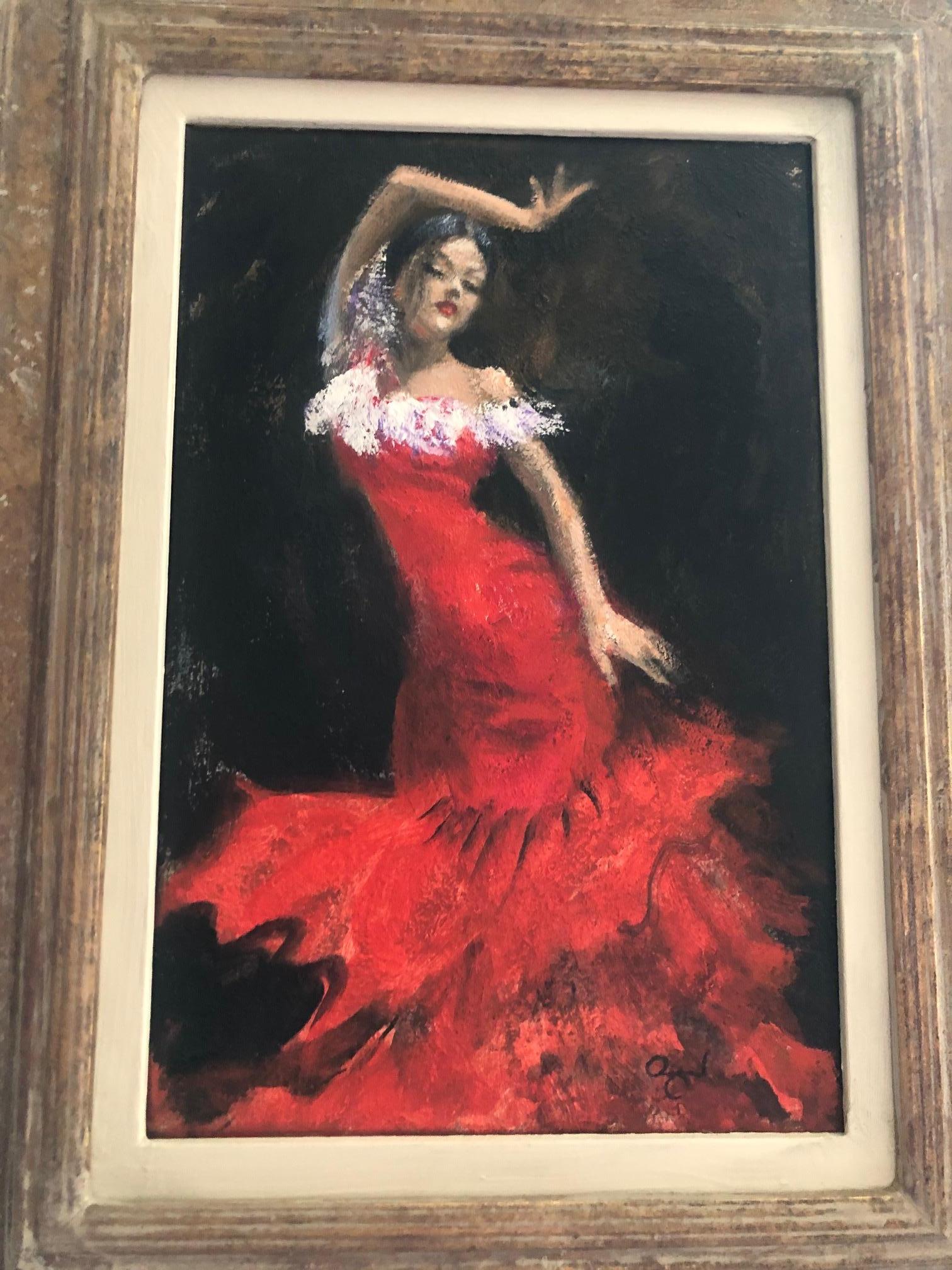 Figurative Painting Rene Jerome Legrand - Petite peinture à l'huile espagnole d'une danseuse de flamenco en robe rouge encadrée