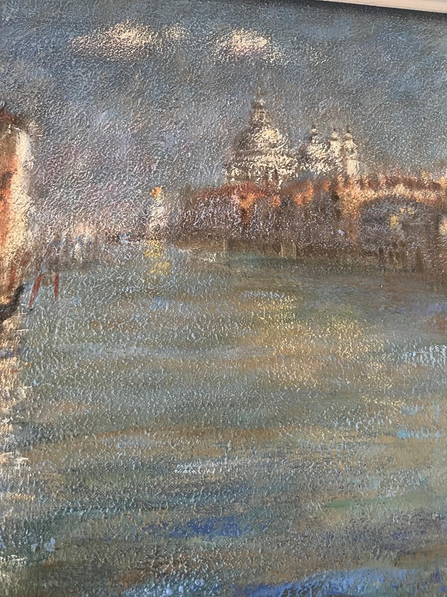 Large Impressionist Oil Painting on Canvas, mounted on stretchers and framed in handmade frame.  Depicting the Palaces along the Grand Canal with the Salute in the background and reflections and sunlight on the waters of the Grand Canal.

Rene