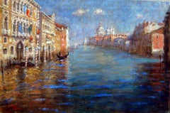 Grande huile impressionniste de Venise avec palazzos et salute sur canal