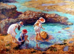 Large bright rockpool, children at beach Impressionist oil on canvas framed