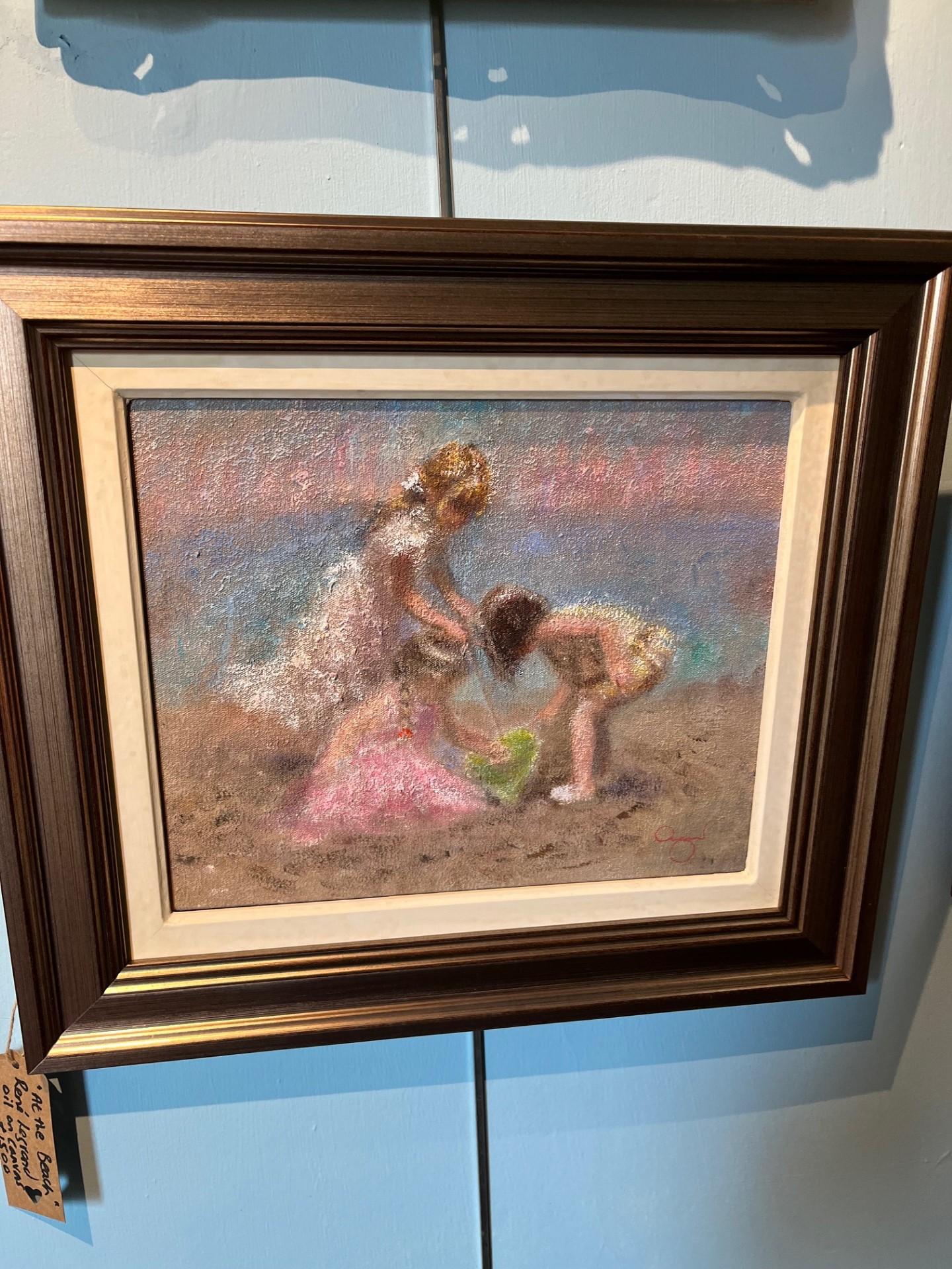 Trois enfants jouant des sables de plage, peinture à l'huile impressionniste moyenne - Painting de Rene Jerome Legrand