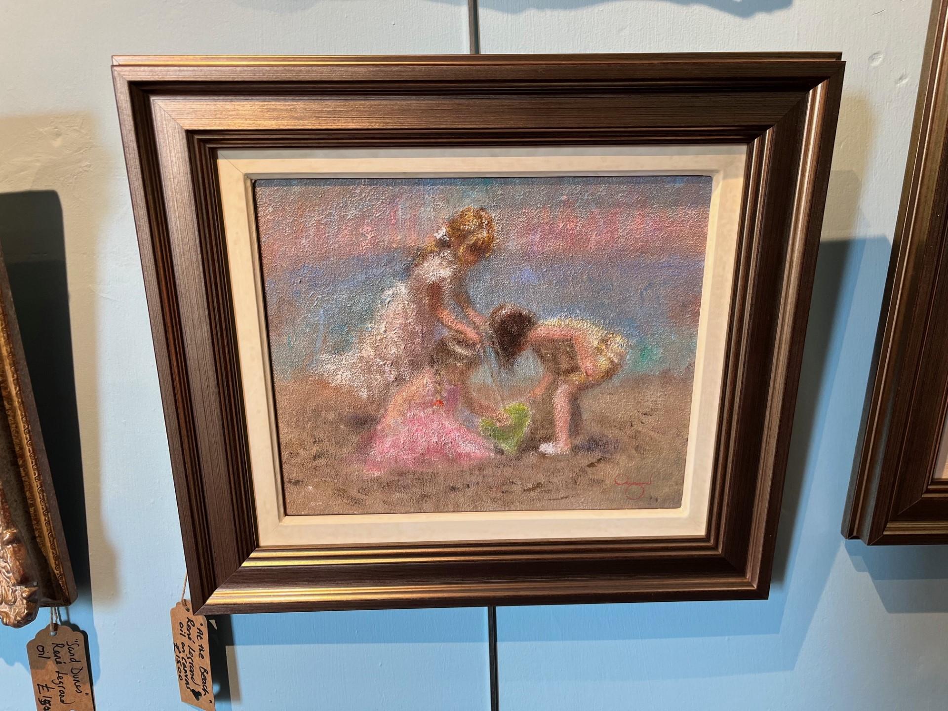 Trois enfants jouant des sables de plage, peinture à l'huile impressionniste moyenne en vente 1