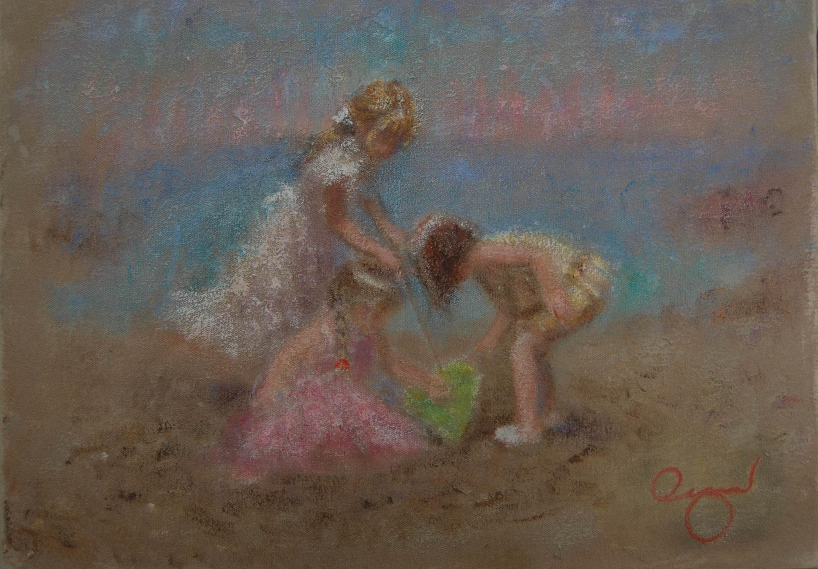 Three children playing sandcastles on beach, medium impressionist oil painting
