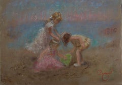 Óleo Impresionista Moderno Escena de Playa de Tres niños jugando en la playa