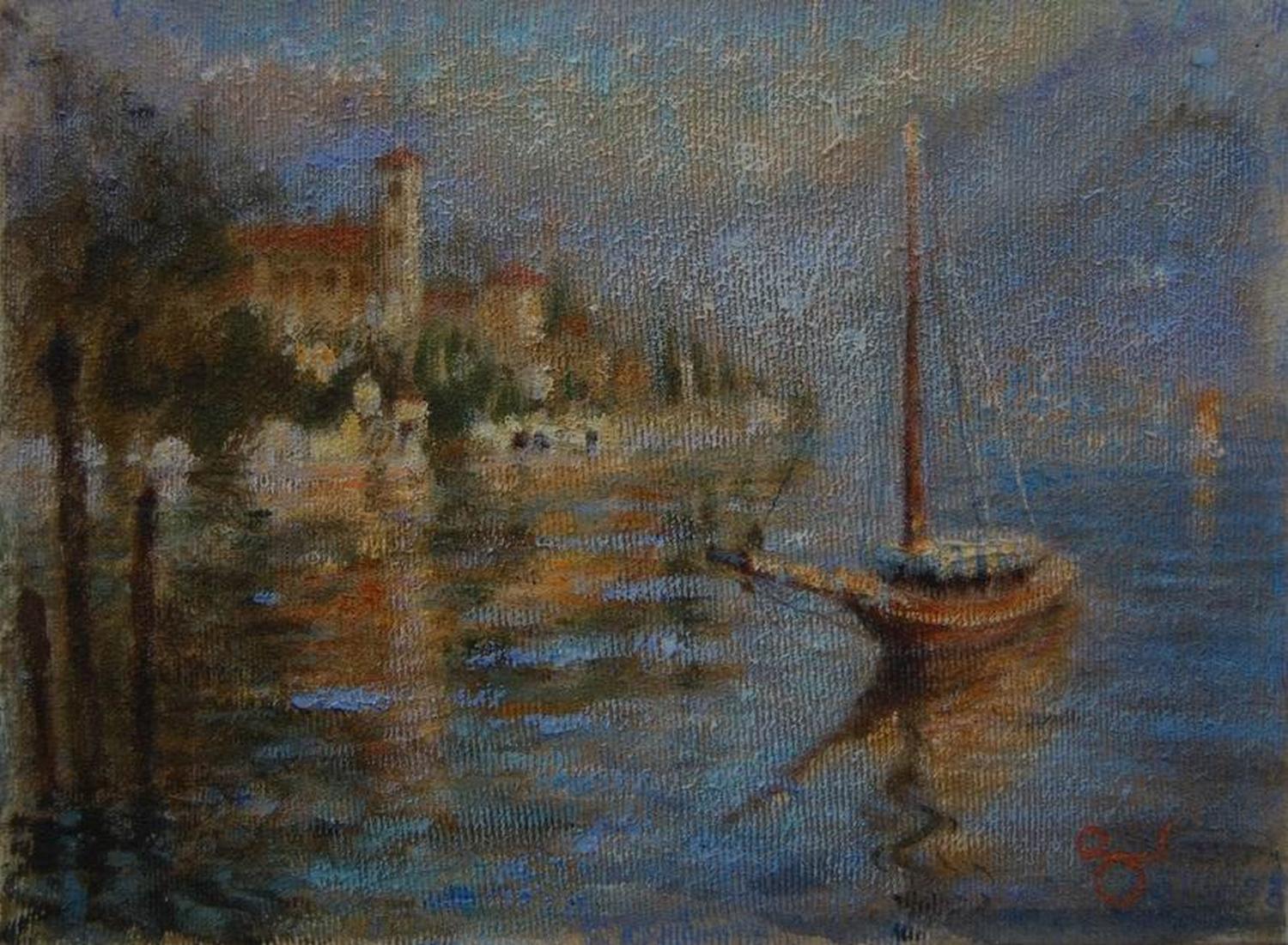 Huile impressionniste contemporaine sur le paysage du monastère de Tremezzo, sur le lac de Como, en Italie. - Art de Rene Jerome Legrand