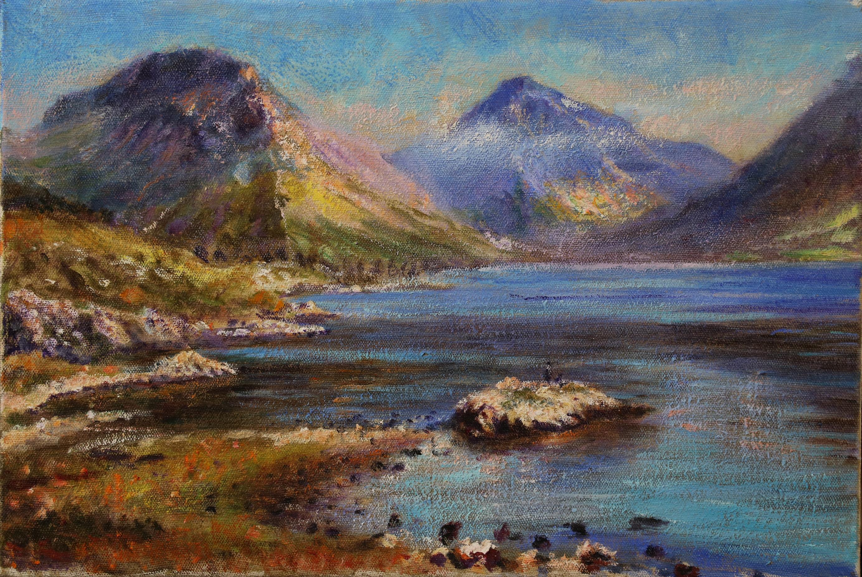 Wastwater, Lake District England. Mountains, Lake and misty sun, original oil - Art by Rene Jerome Legrand