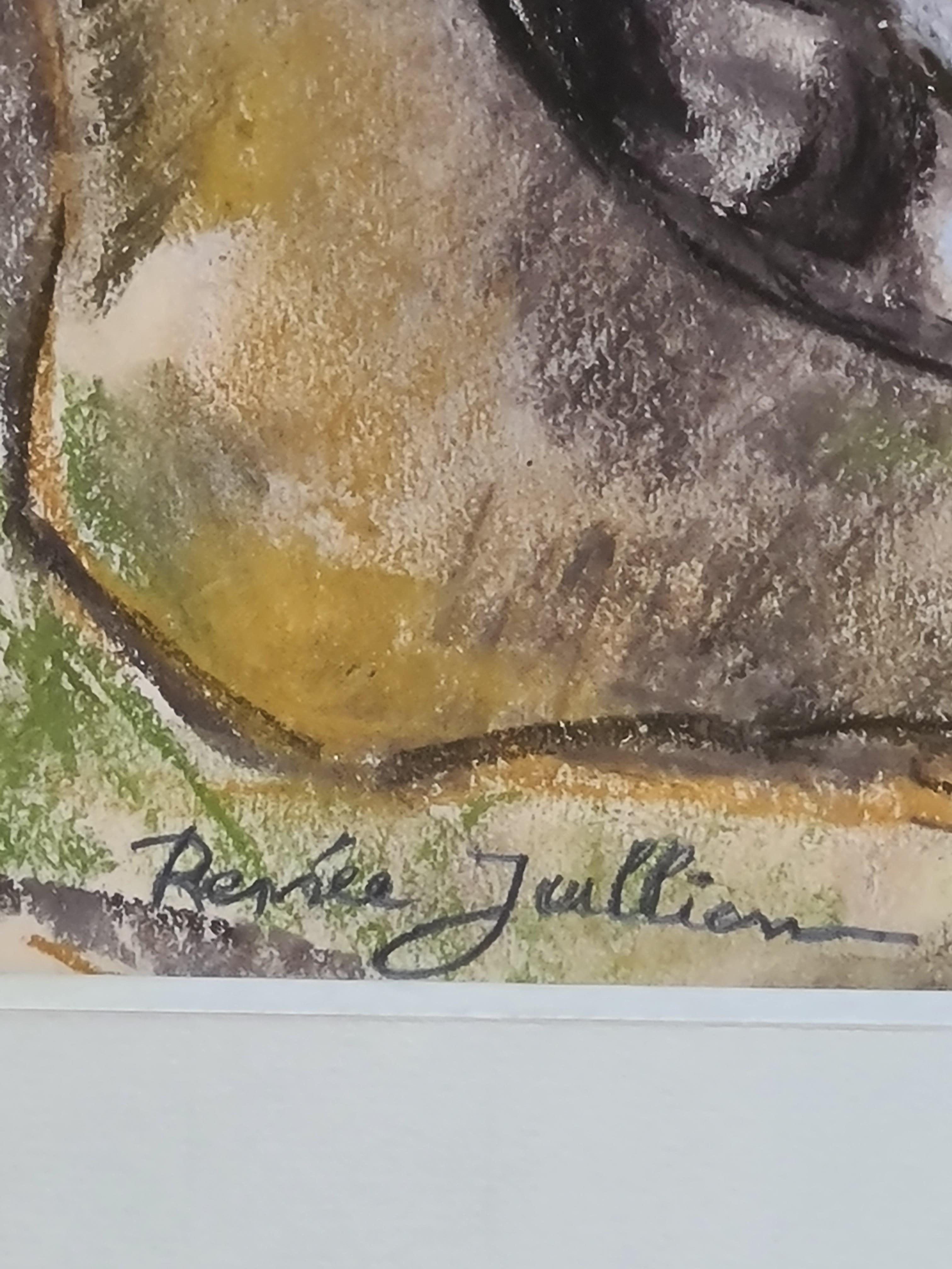 Pastello della Scuola di Parigi, Il gatto che riposa, Cerchio di Léonard Tsuguharu Foujita - Art di Renée Jullien