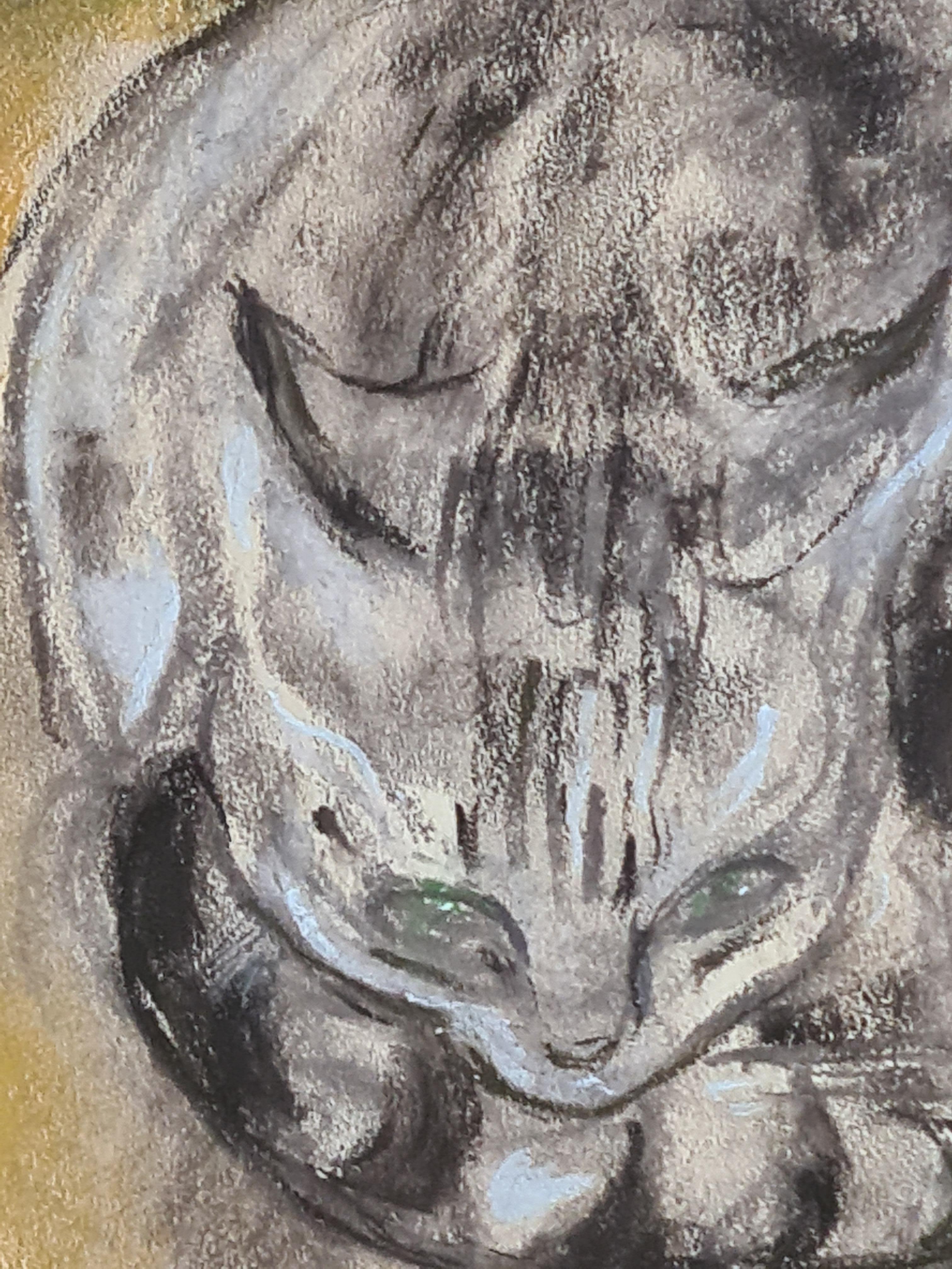 Pastello della Scuola di Parigi, Il gatto che riposa, Cerchio di Léonard Tsuguharu Foujita - Animal Art Grigio di Renée Jullien