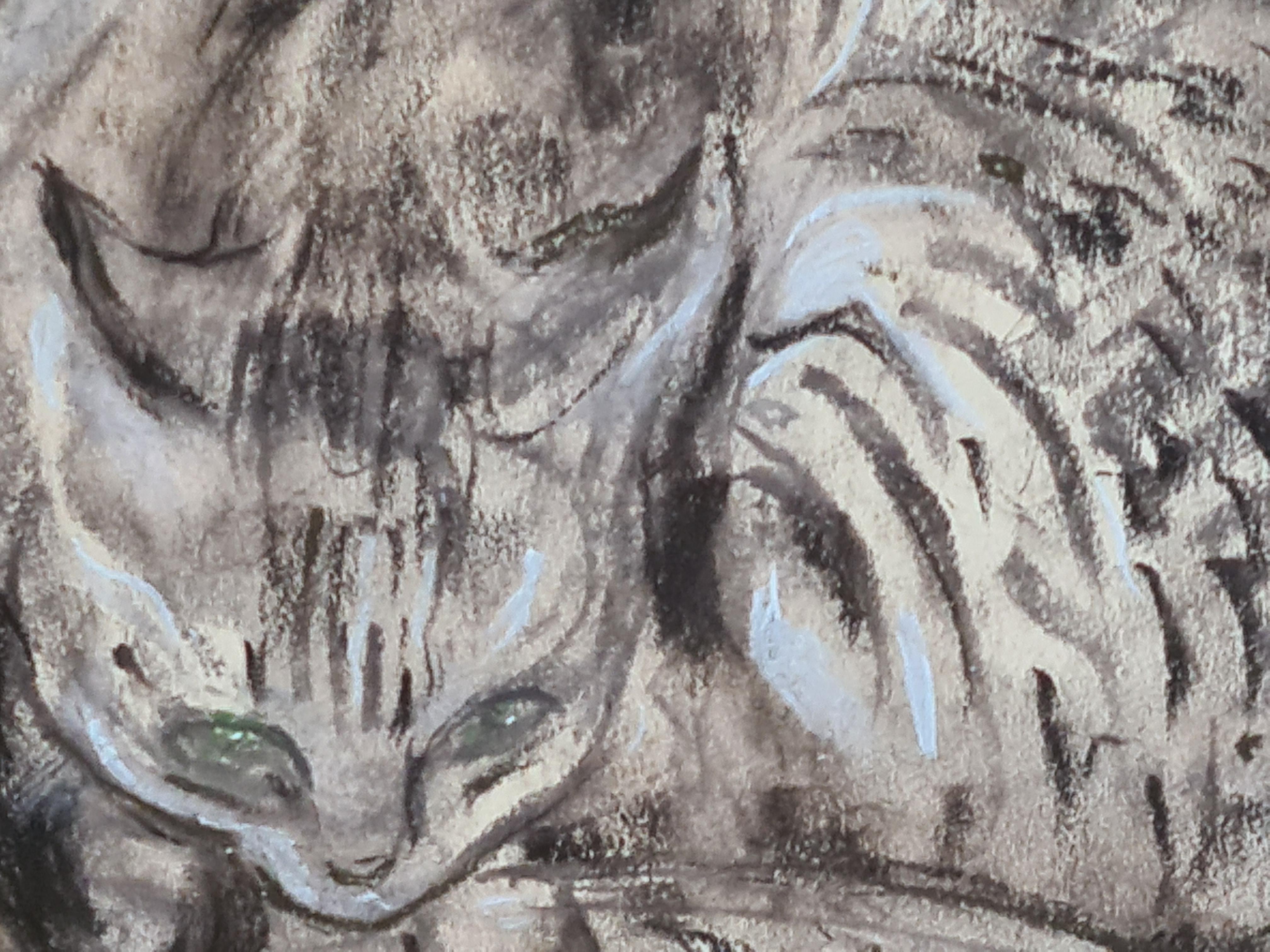 Ritratto a pastello su carta di un gatto addormentato di Renée Jullien. Il disegno è firmato in basso a sinistra e presentato in una cornice in legno personalizzata con supporto in cartoncino tagliato sotto vetro.

Un affascinante ritratto di un