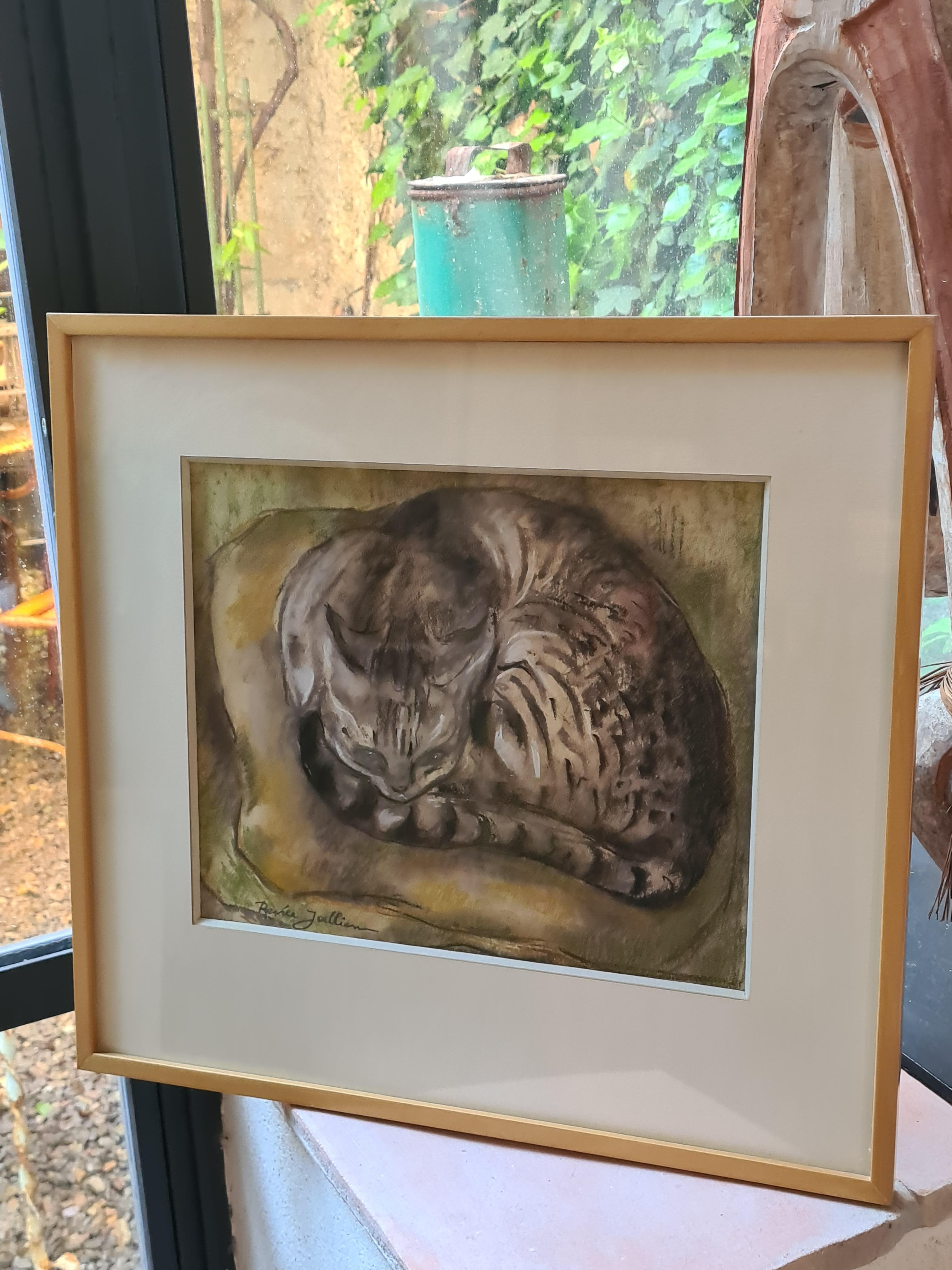 Pastello della Scuola di Parigi, Il gatto che riposa, Cerchio di Léonard Tsuguharu Foujita in vendita 5