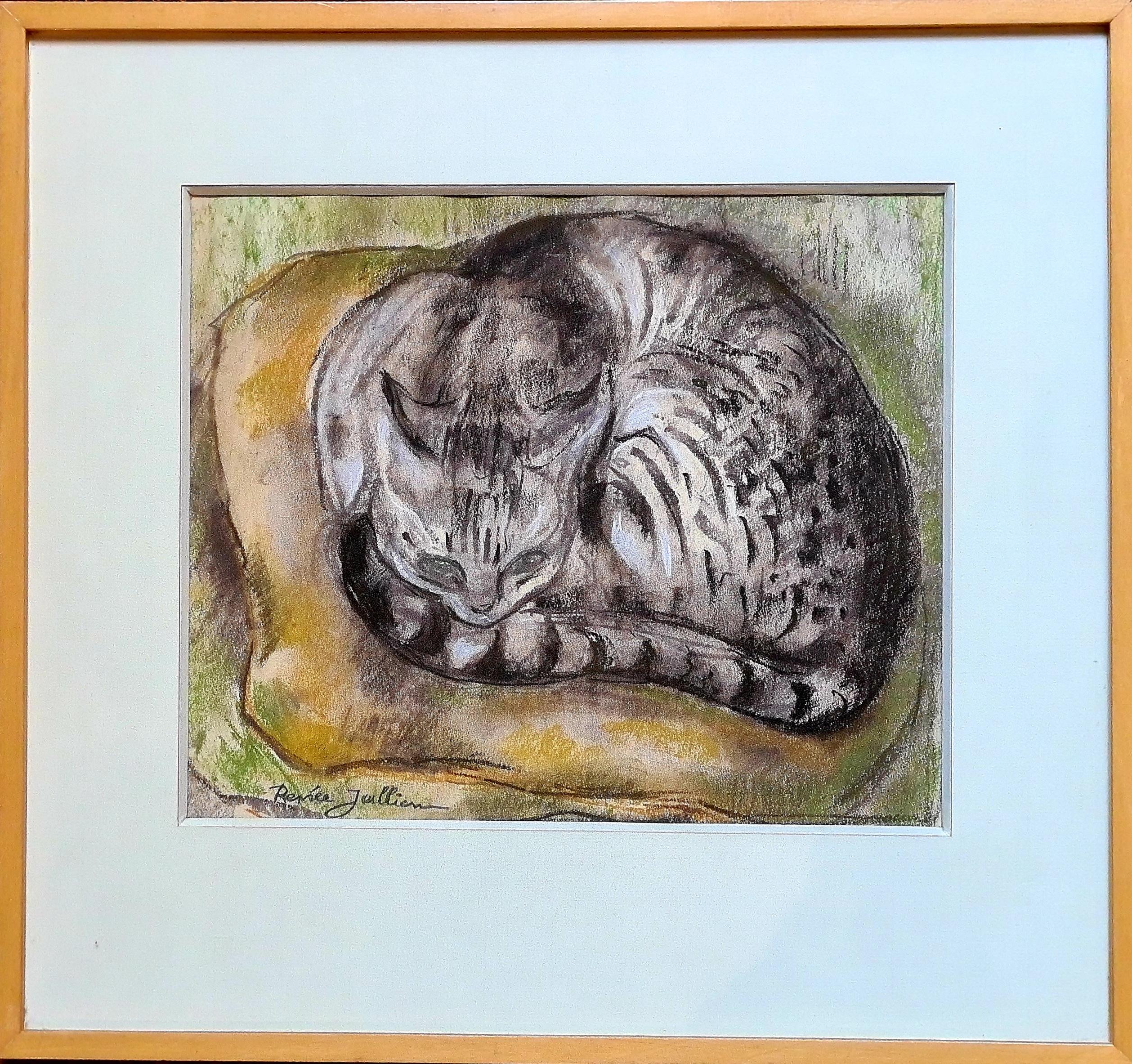 Paris School Pastel, The Resting Cat, Circle of Léonard Tsuguharu Foujita